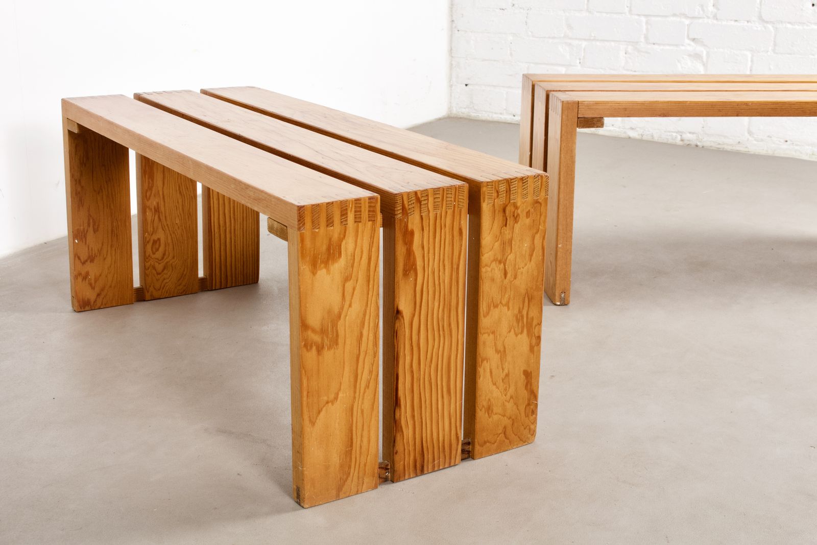 Pair Of French Mid Century Modern Slatted Pine Wood Benches, 1960s photo for sale