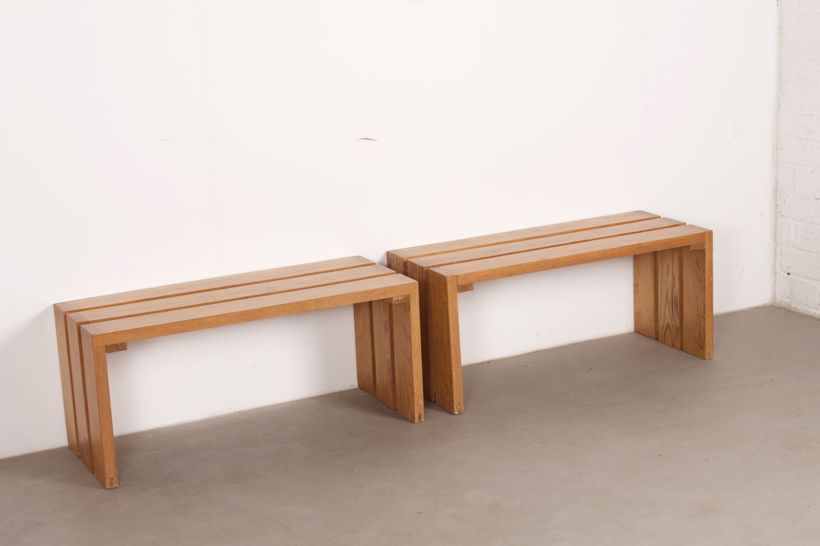Pair Of French Mid Century Modern Slatted Pine Wood Benches, 1960s photo vinterior