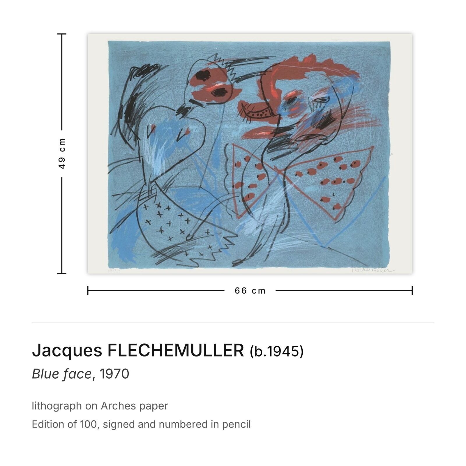 Jacques Flechemuller Gesigneerde Lithografie Blue Face 1970 photo furniture