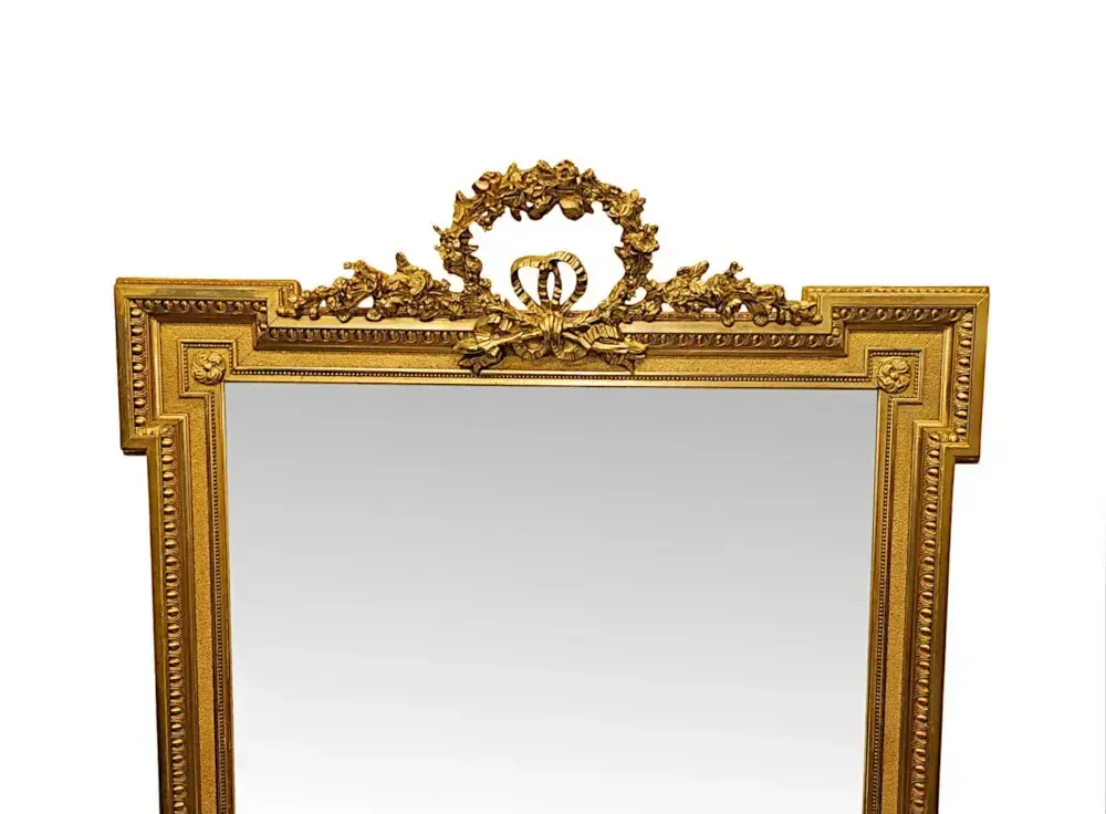 Zeer fraaie grote 19e eeuwse vergulde hal- of schoorsteenspiegel met lintdetail photo furniture