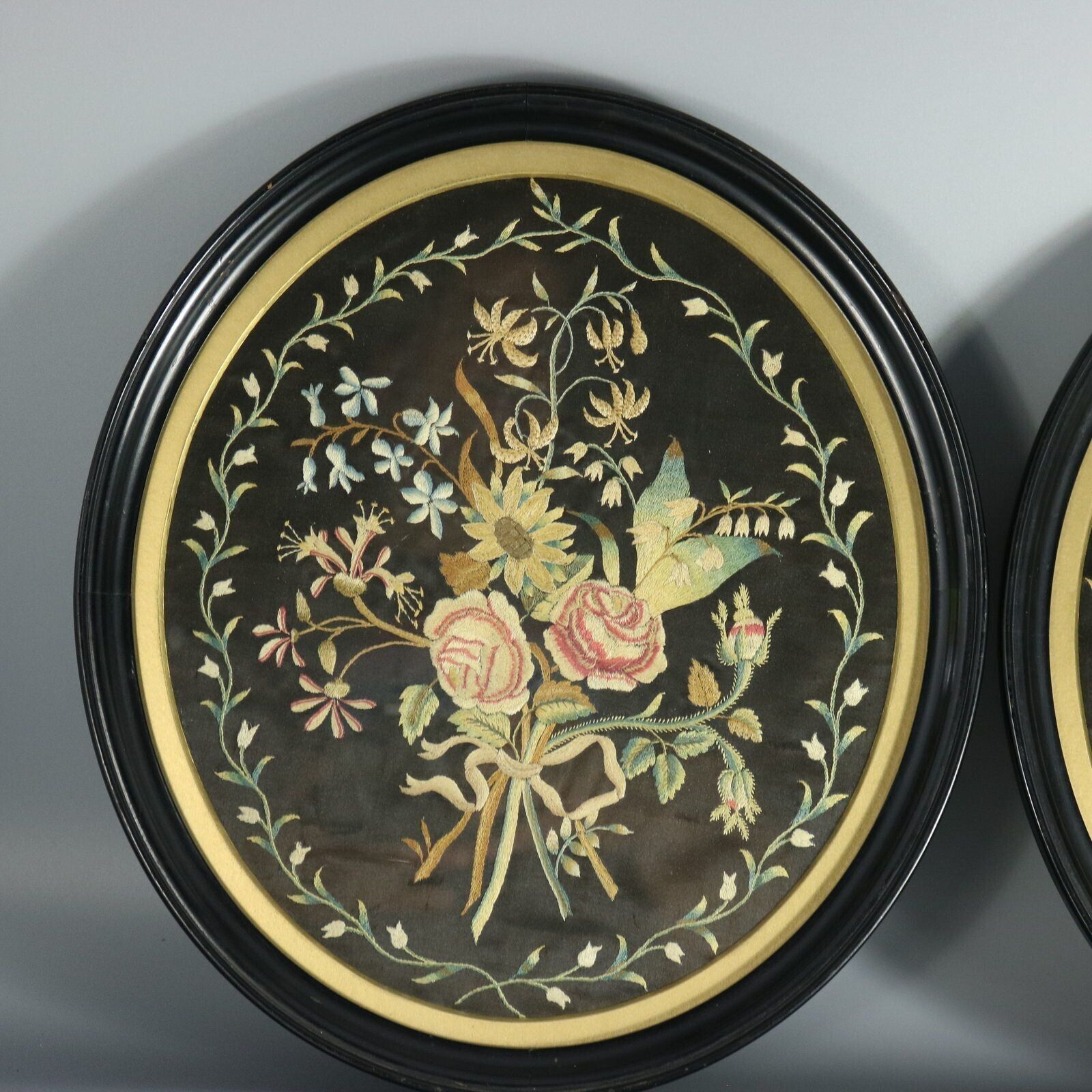 Pair Georgian Silkwork Embroideries Of Flowers photo vinterior