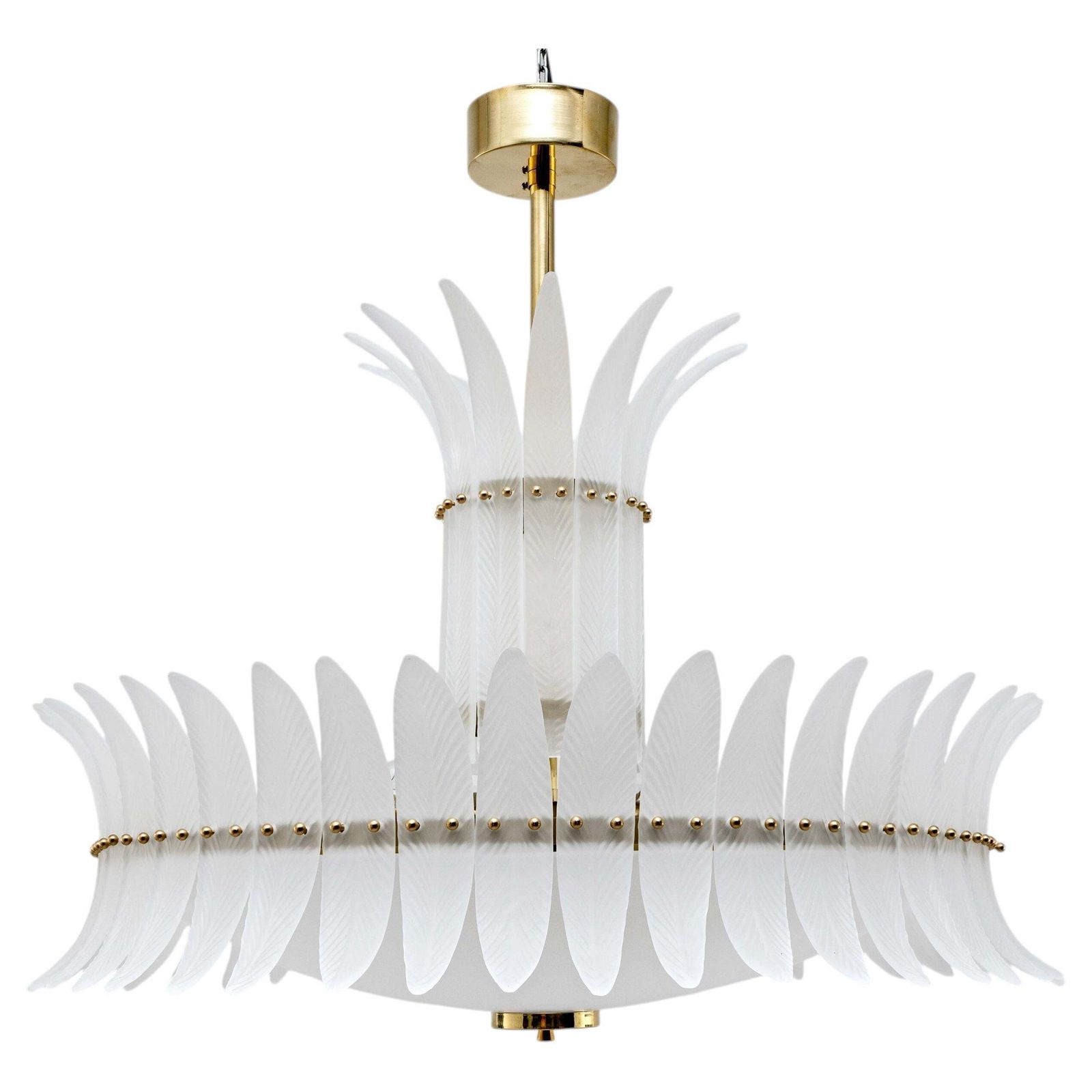 Art Deco stijl Italiaanse Murano glas veren kroonluchter met messing details