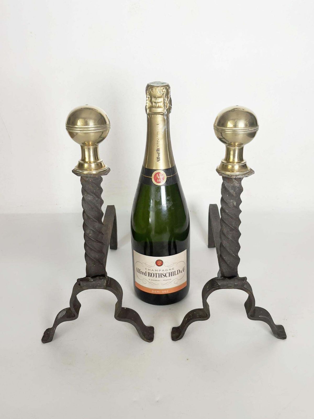 Pair Of Andirons In Cast Iron And Brass, Black And Gold, France, 1960s photo for sale
