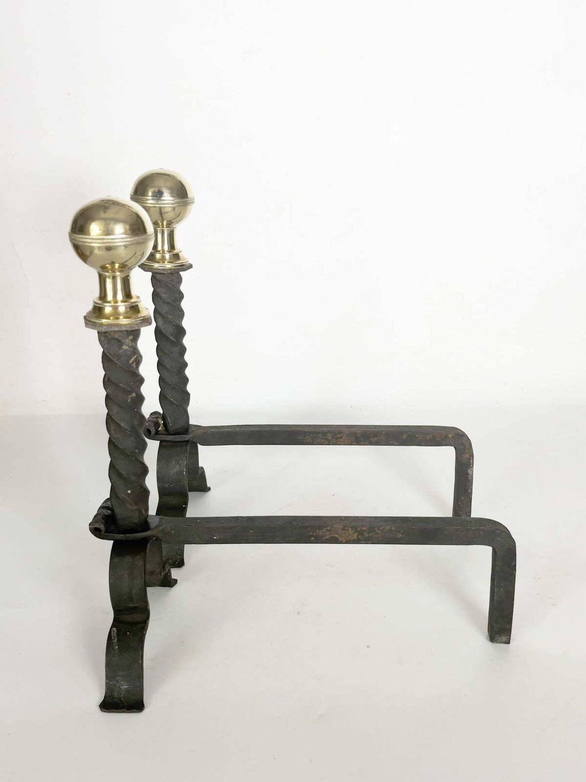 Pair Of Andirons In Cast Iron And Brass, Black And Gold, France, 1960s photo Home Decor
