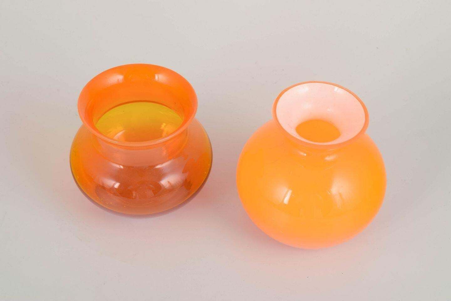 Swedish Art Glass. Two Mouth Blown Vases In Vibrant Orange Glass. 1970s photo furniture
