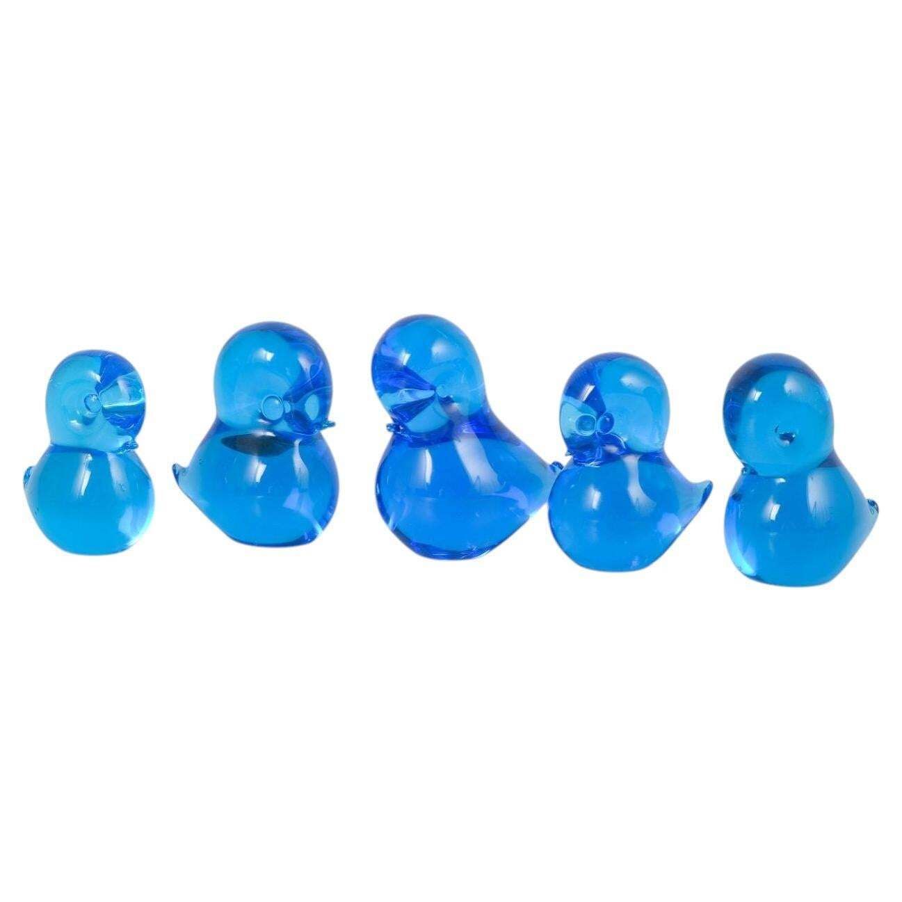Josef Marcolin For Fm Ronneby. Set Of Five Duck Figurines In Blue Art Glass.