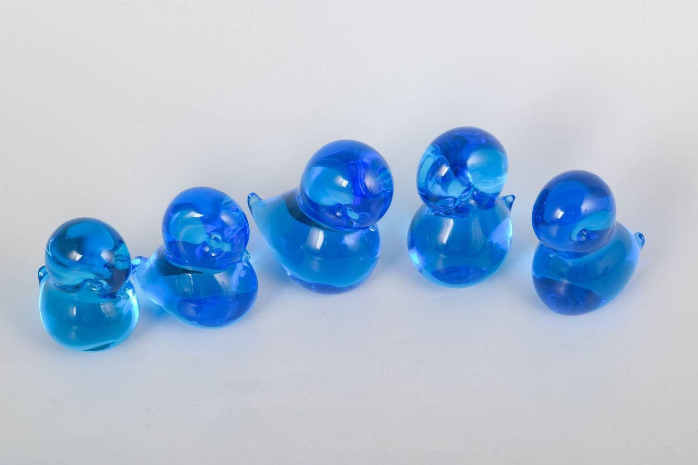 Josef Marcolin For Fm Ronneby. Set Of Five Duck Figurines In Blue Art Glass. photo furniture