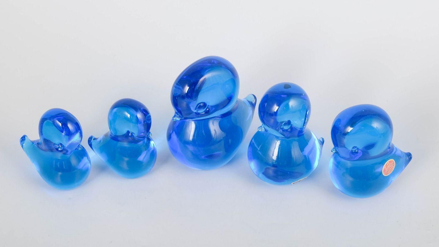 Josef Marcolin For Fm Ronneby. Set Of Five Duck Figurines In Blue Art Glass. photo furniture