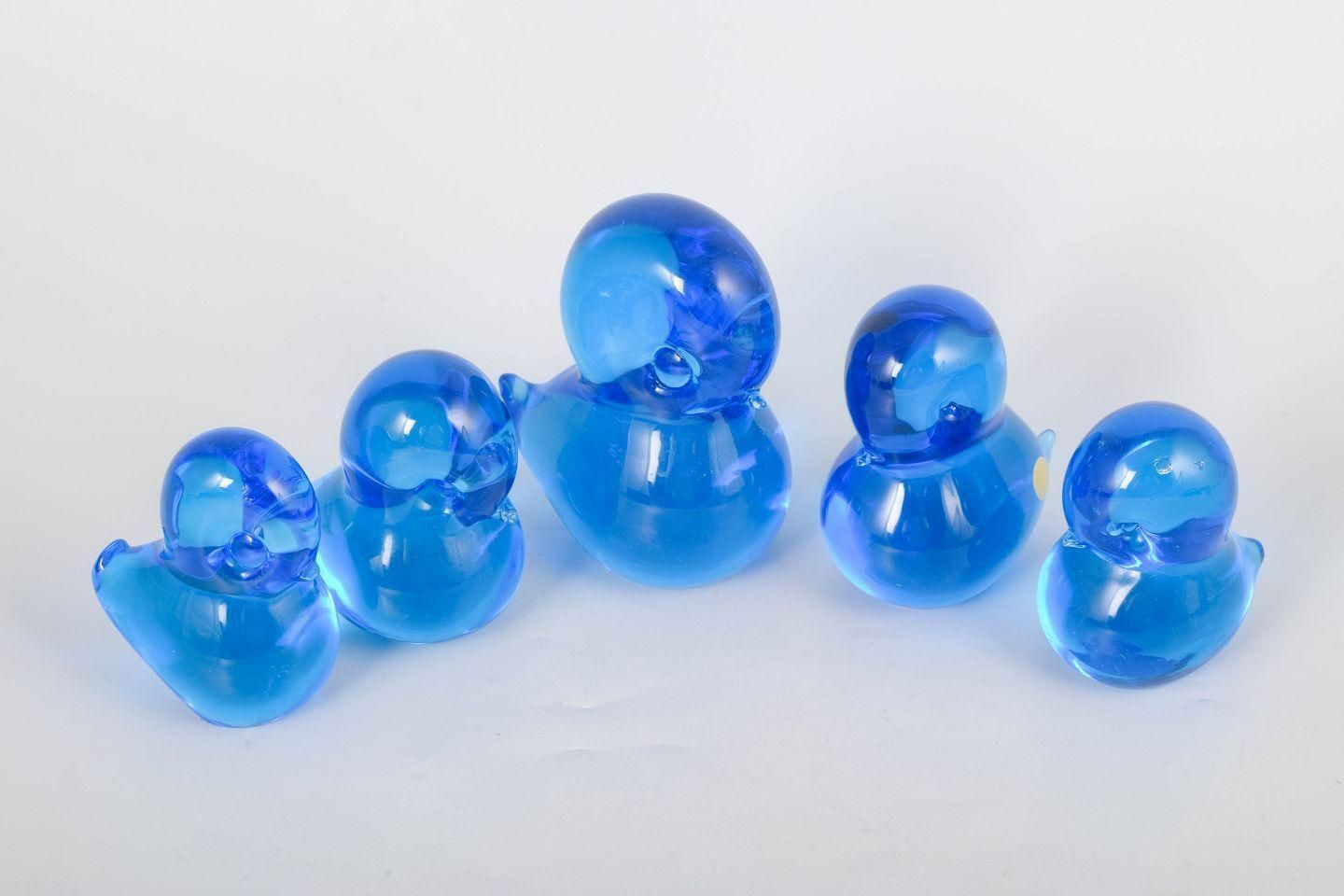 Josef Marcolin For Fm Ronneby. Set Of Five Duck Figurines In Blue Art Glass. photo furniture