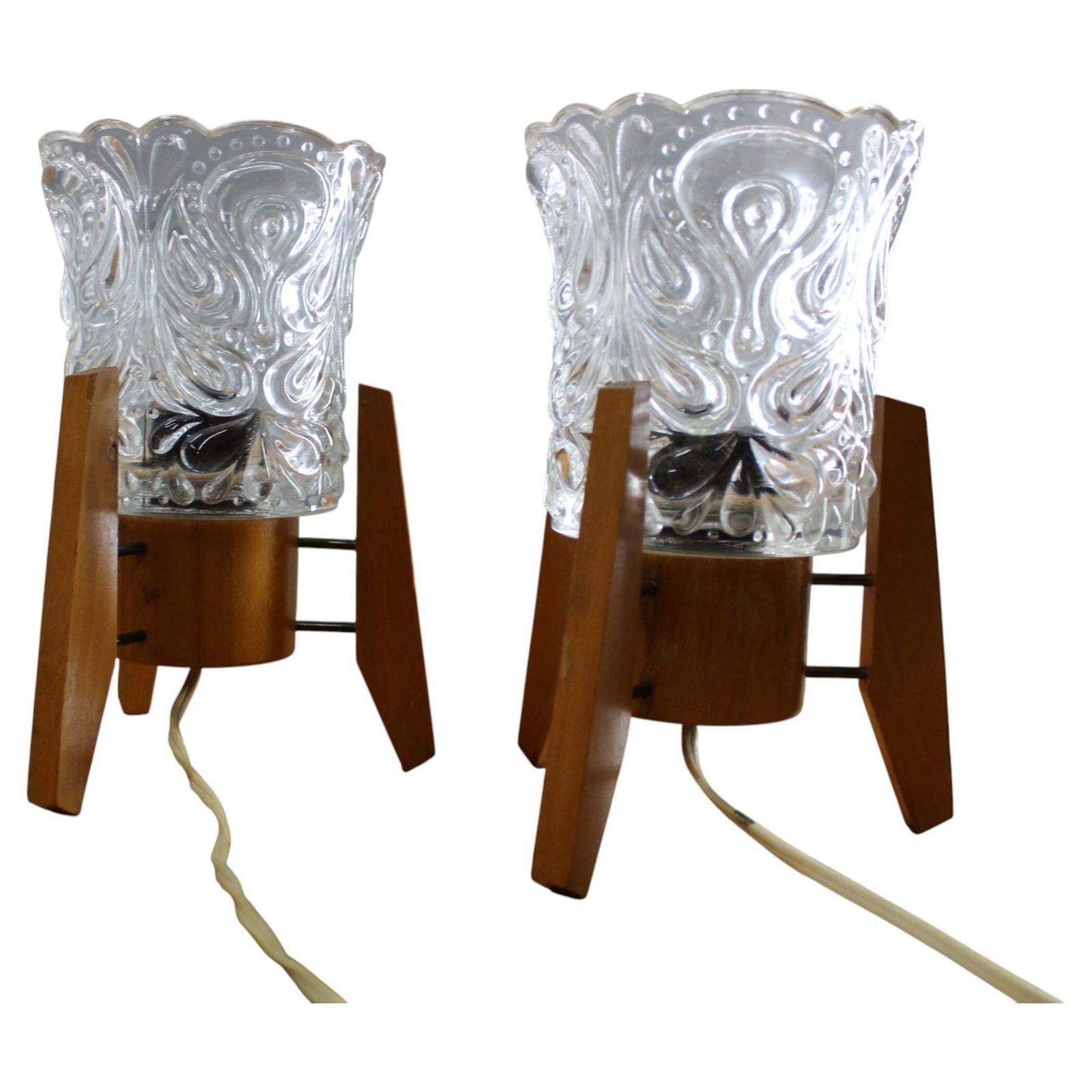 Pair Czech 1970s Wood And Glass Mid Century Table Lamps