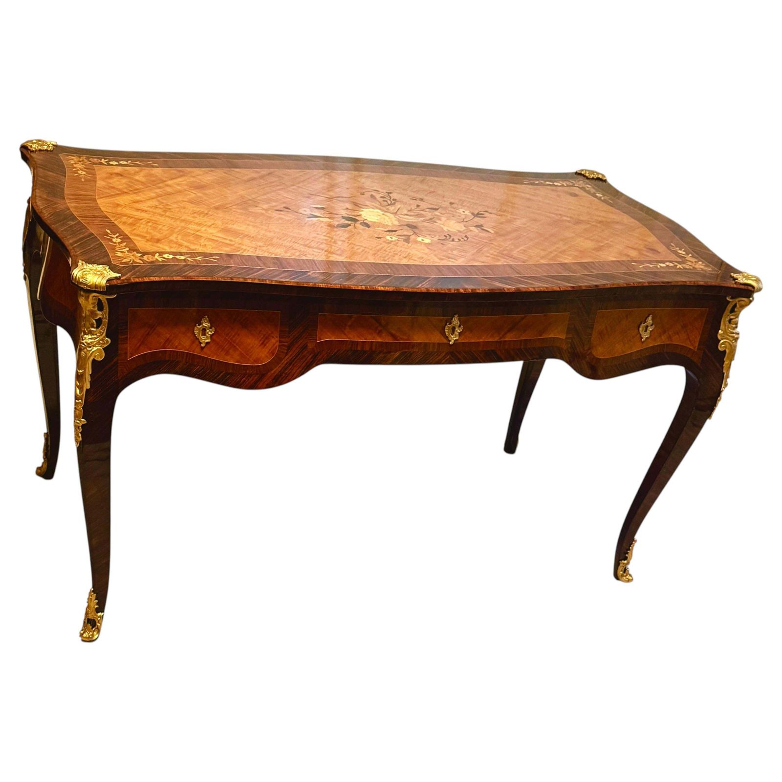 French Louis XV Style Dame Bureau Plat, Desk With Marquetry And Bronze Mounting