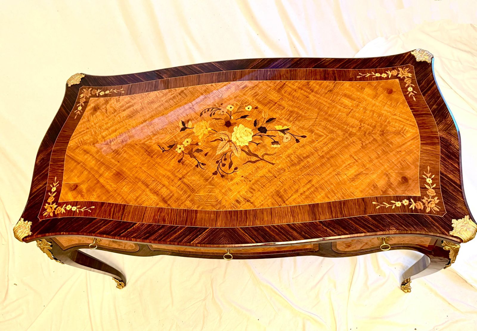 photo for sale French Louis XV Style Dame Bureau Plat, Desk With Marquetry And Bronze Mounting