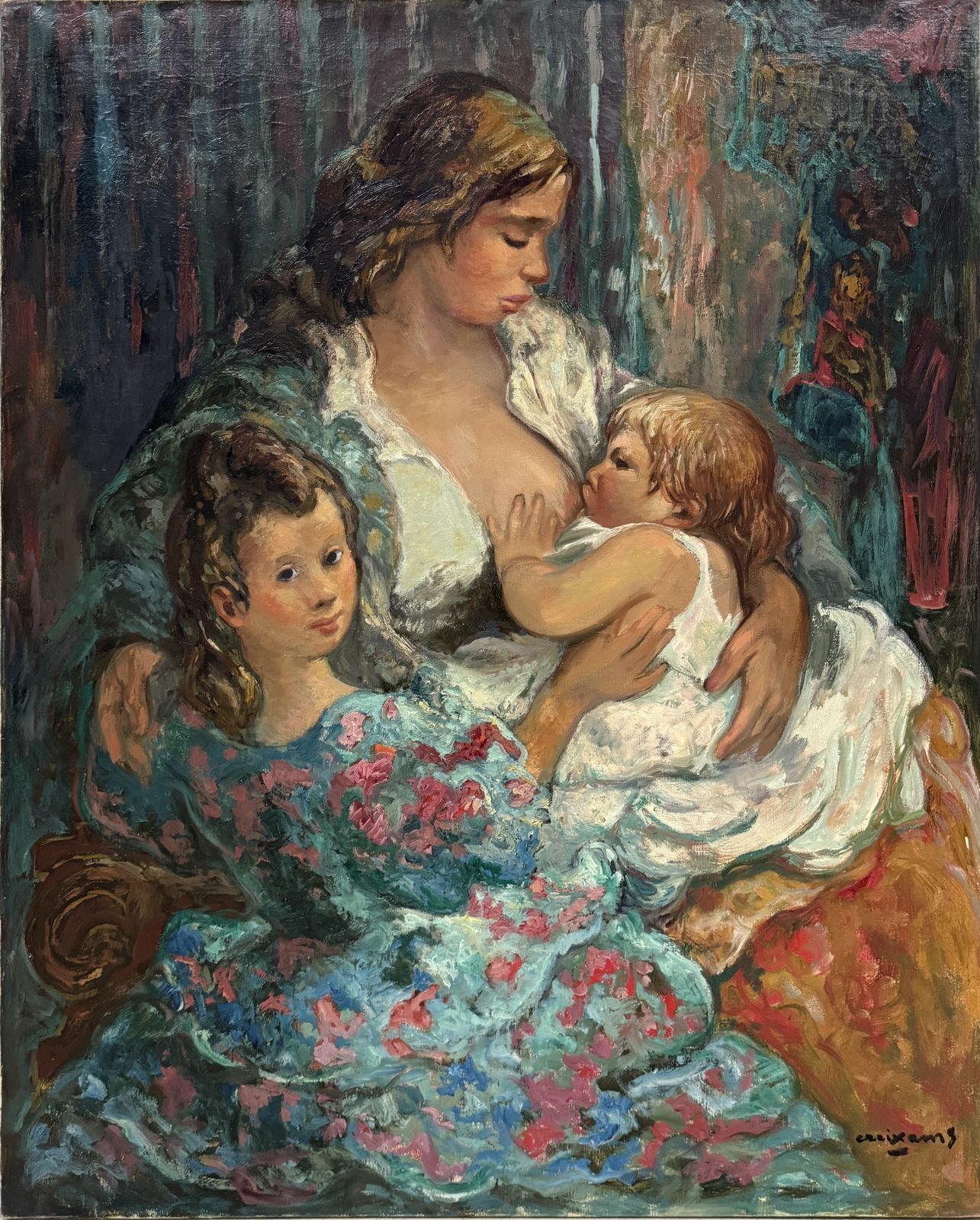 Pedro Creixams, Maternité intime avec enfants, grande peinture à l'huile, École espagnole de Paris, 1948