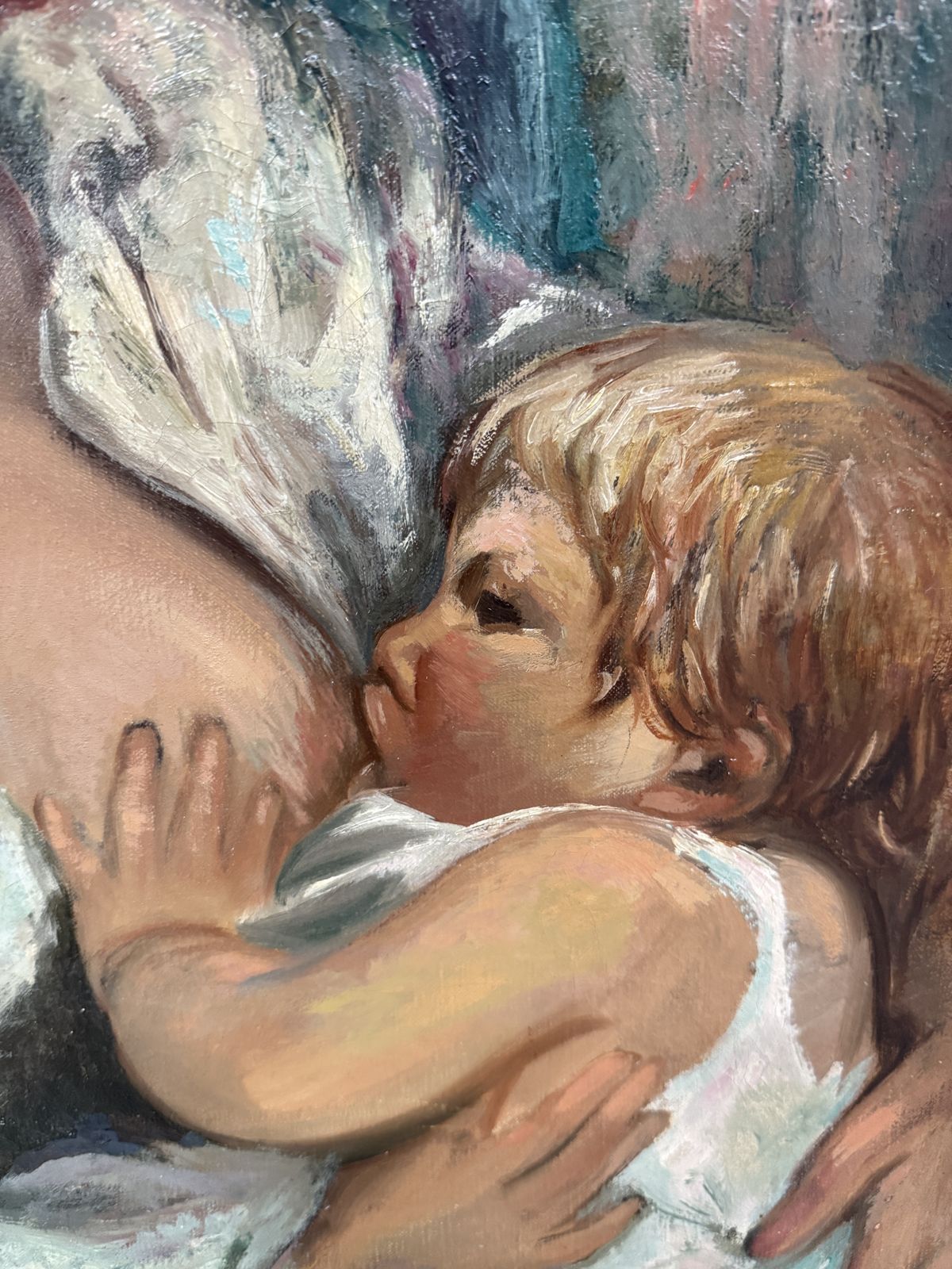 Pedro Creixams, Maternité intime avec enfants, grande peinture à l'huile, École espagnole de Paris, 1948 photo for sale