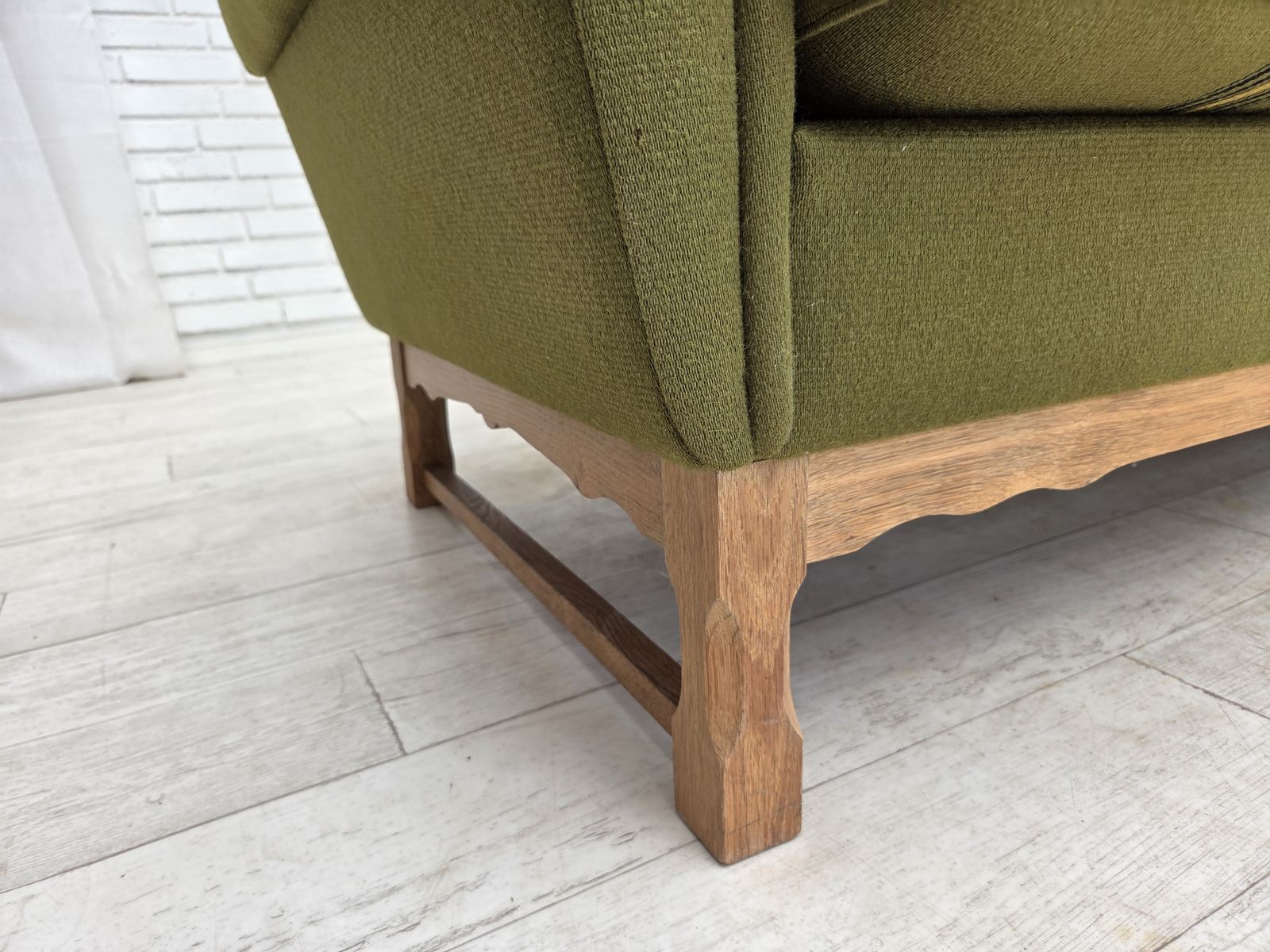 1970s, 3 Seater Danish Sofa, Green Furniture Wool, Oak Wood. photo for sale