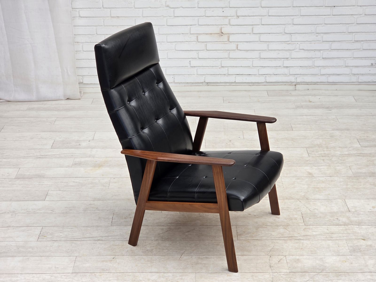 1970s, Danish Armchair, Black Artificial Leather, Teak Wood. photo vinterior