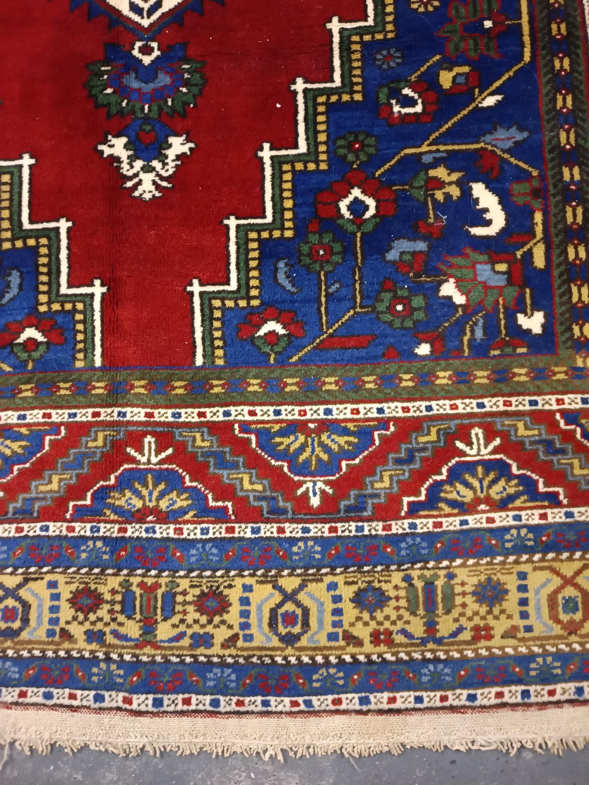 photo for sale Tapis en laine turc tissé main 325 x 210 cm, grand tapis vintage rouge et bleu à motifs géométriques