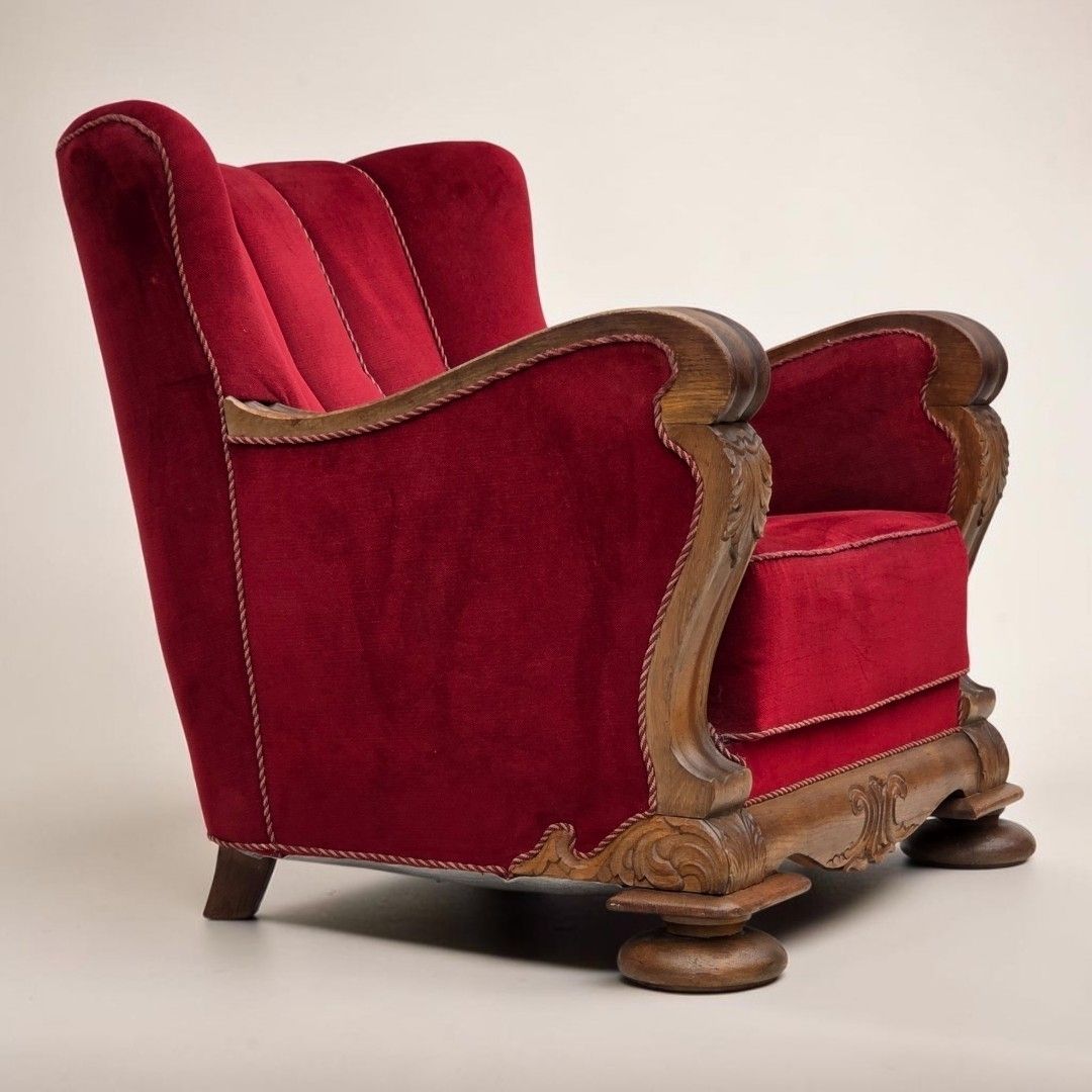 1950s, Danish Relax Armchair, Furniture Velour, Carved Oak Wood.