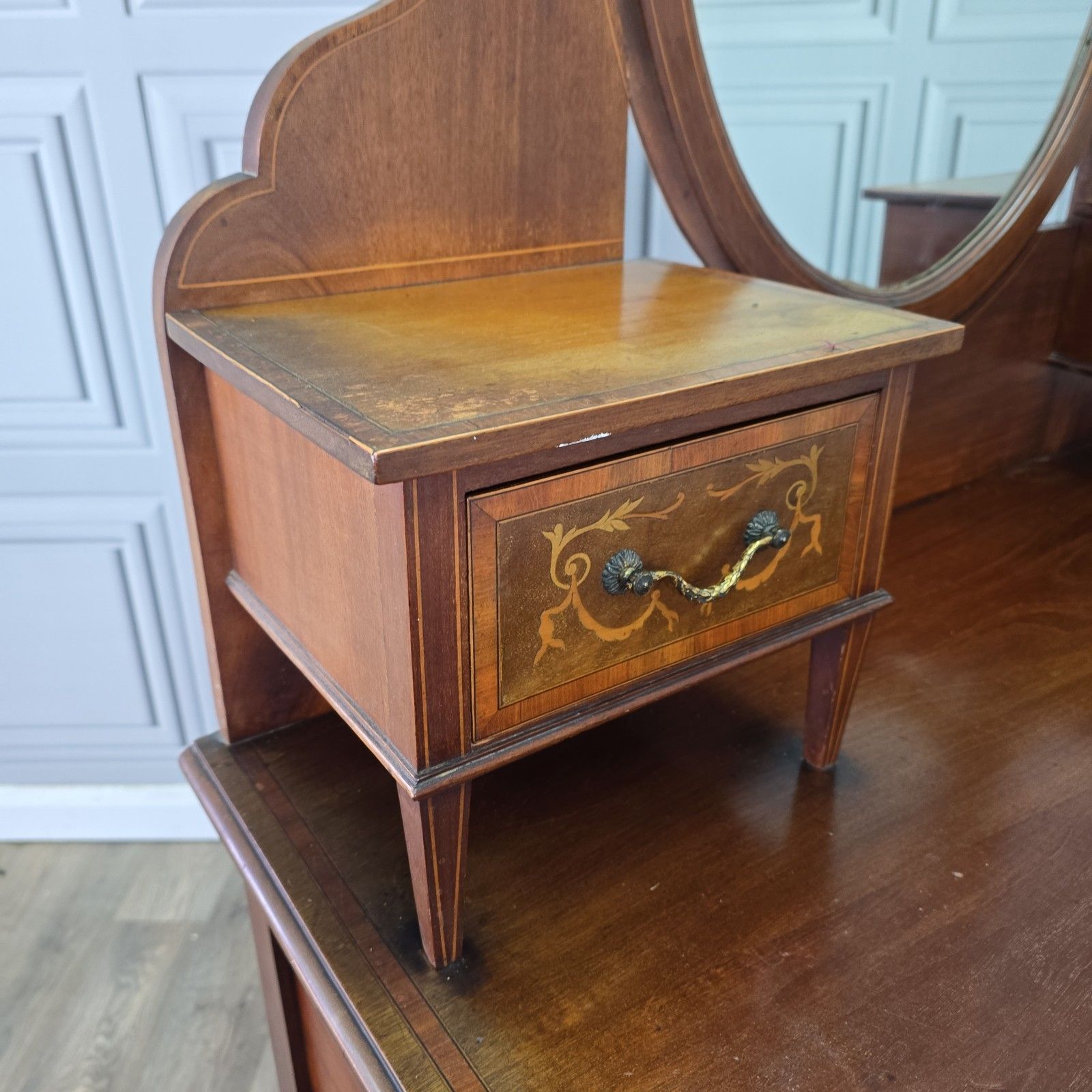 Antique Inlaid Dressing Table Wooden Mahogany Vanity Shield Mirror Edwardian photo for sale