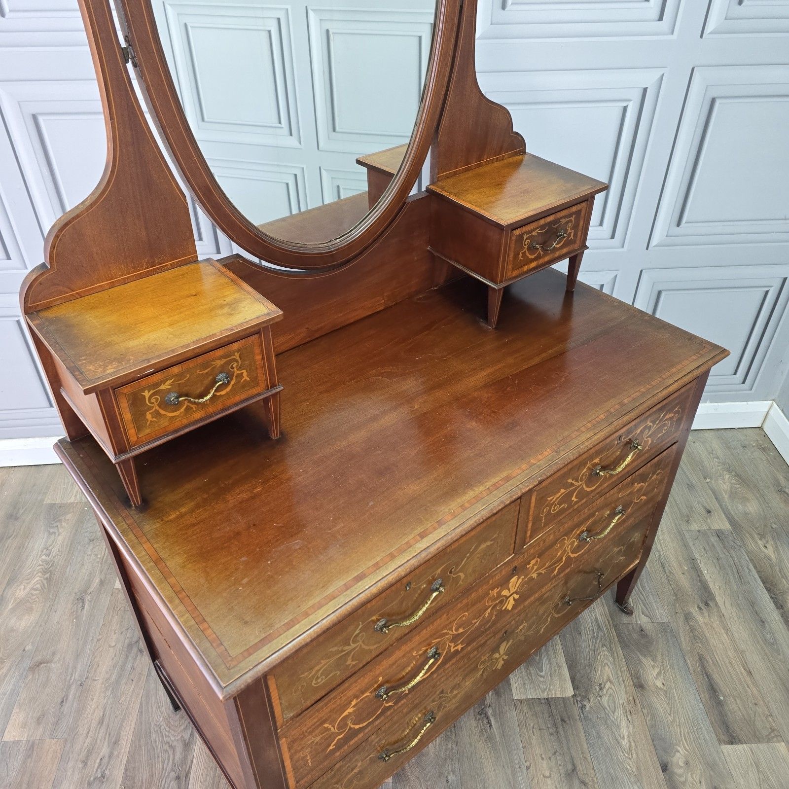 photo buy Antique Inlaid Dressing Table Wooden Mahogany Vanity Shield Mirror Edwardian