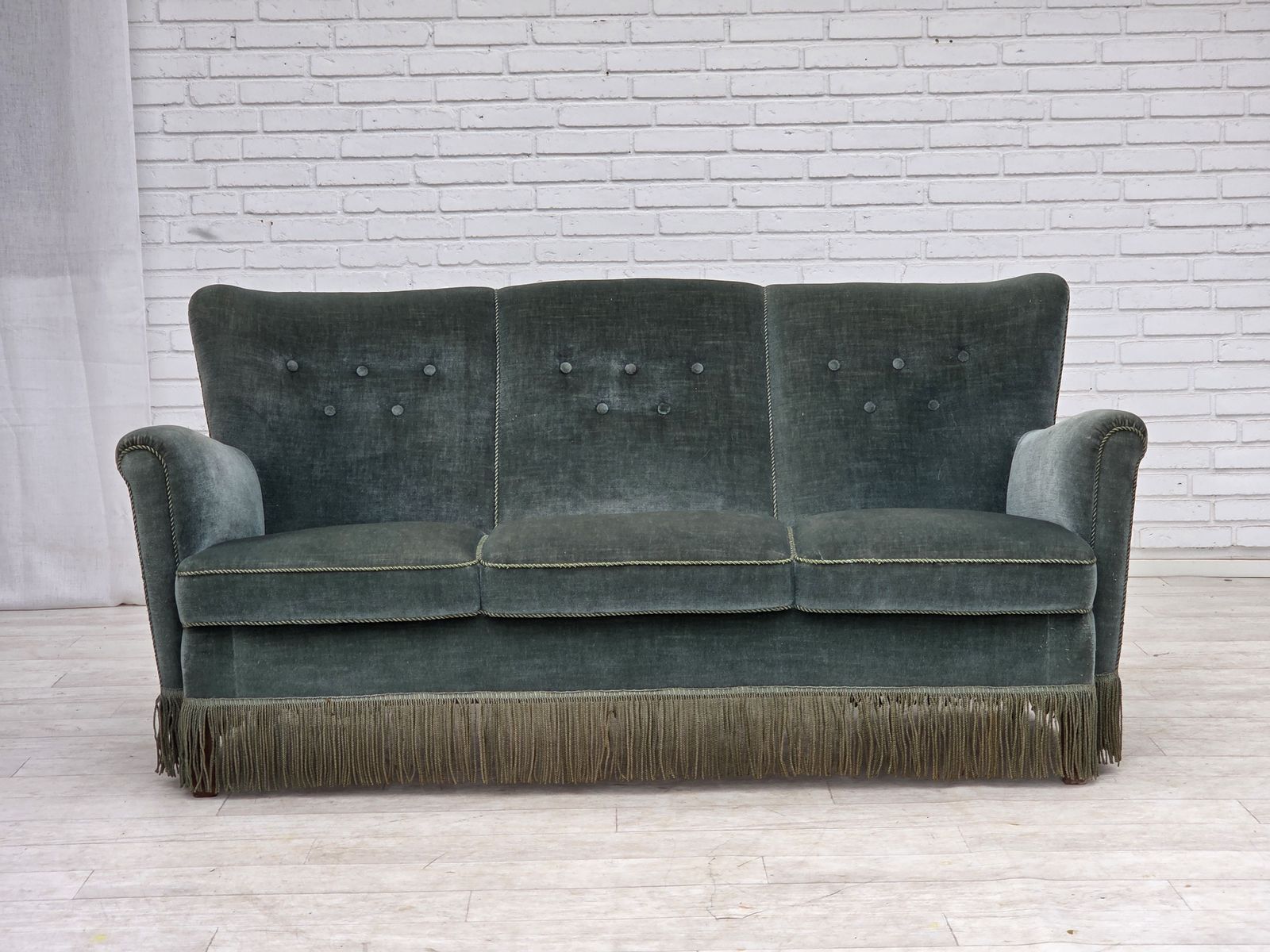1960s, 3 Seater Danish Sofa, Green Furniture Velour. photo furniture