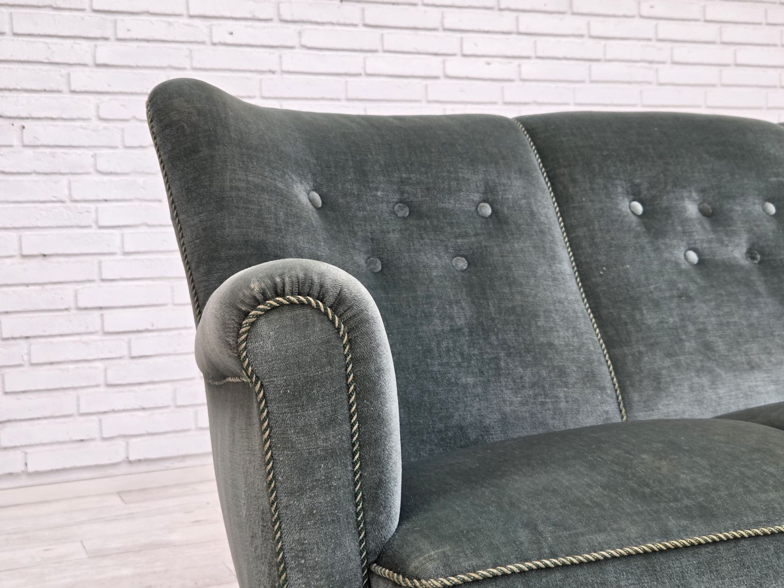 1960s, 3 Seater Danish Sofa, Green Furniture Velour. photo for sale