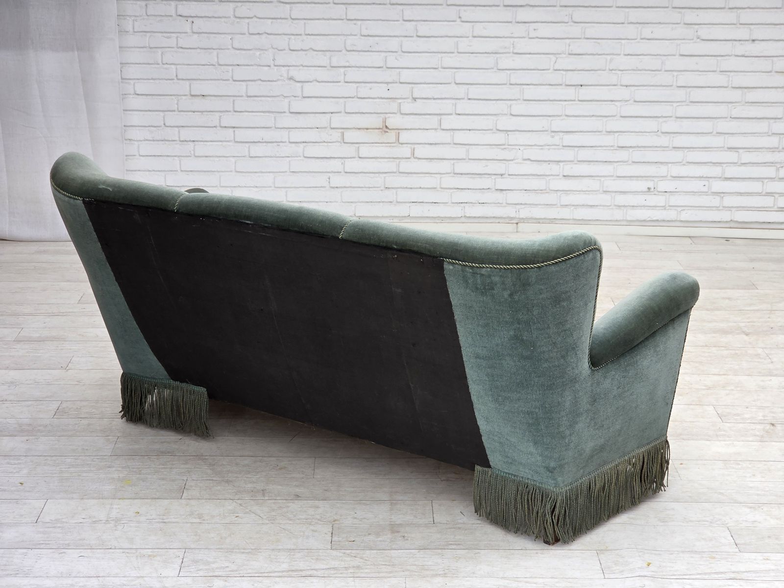 Furniture 1960s, 3 Seater Danish Sofa, Green Furniture Velour. photo