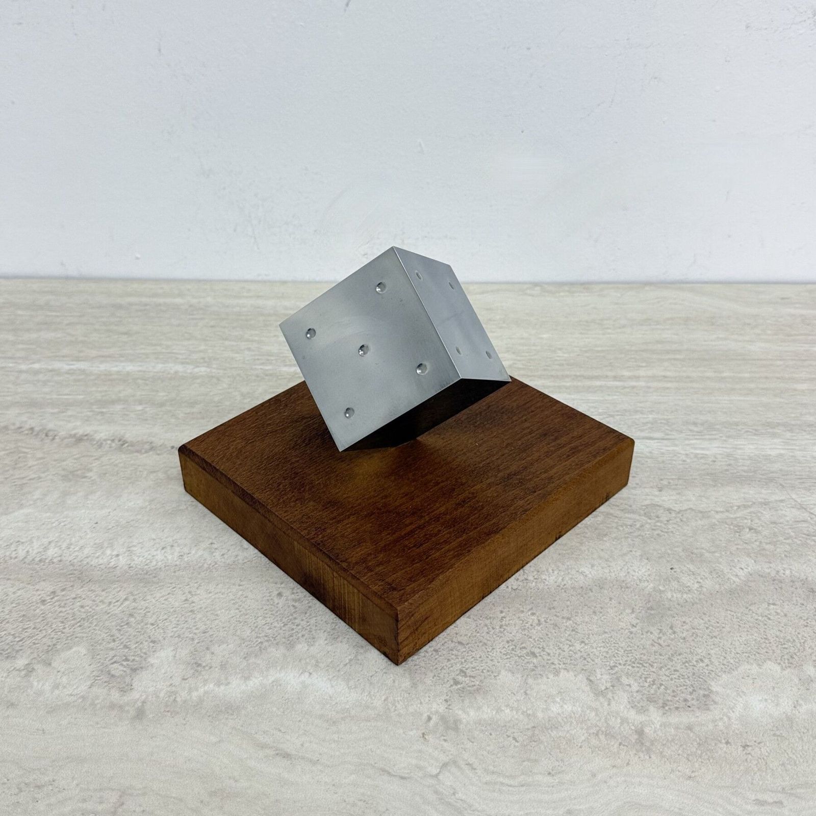 Mid Century Metal Dice Sculpture With Wooden Base , 1970s photo Art