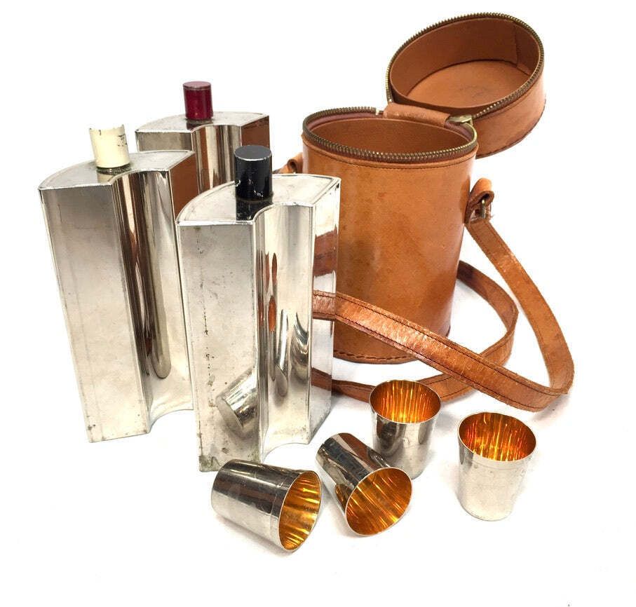 Antique Deco Metal Bottle Hip Flask Set In Original Leather Travel Case C.1930