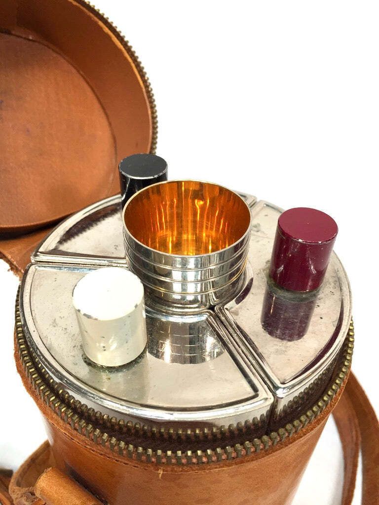 Antique Deco Metal Bottle Hip Flask Set In Original Leather Travel Case C.1930 photo vinterior