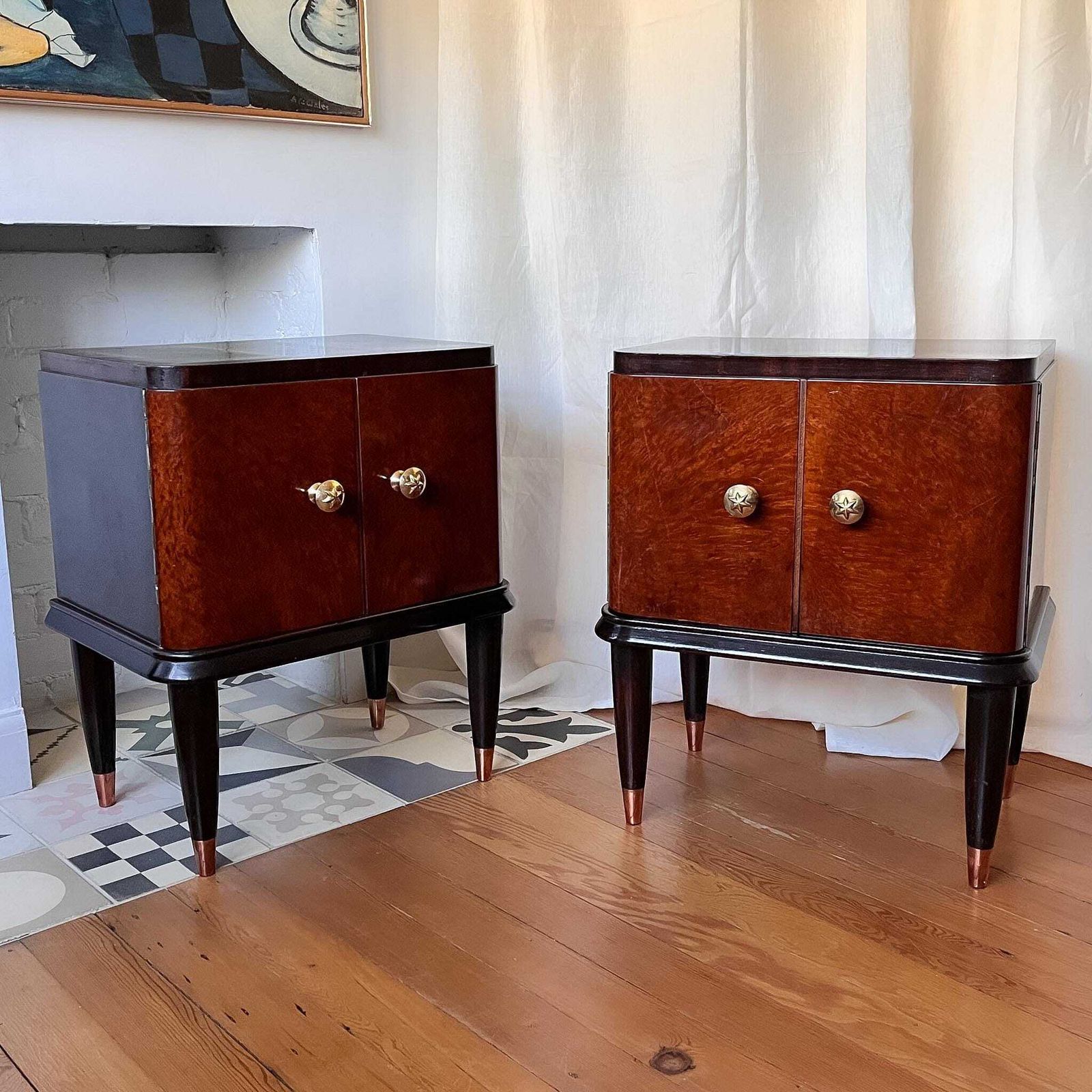 Pair Of Italian Mid Century Burl Mahogany Bedside Cabinets