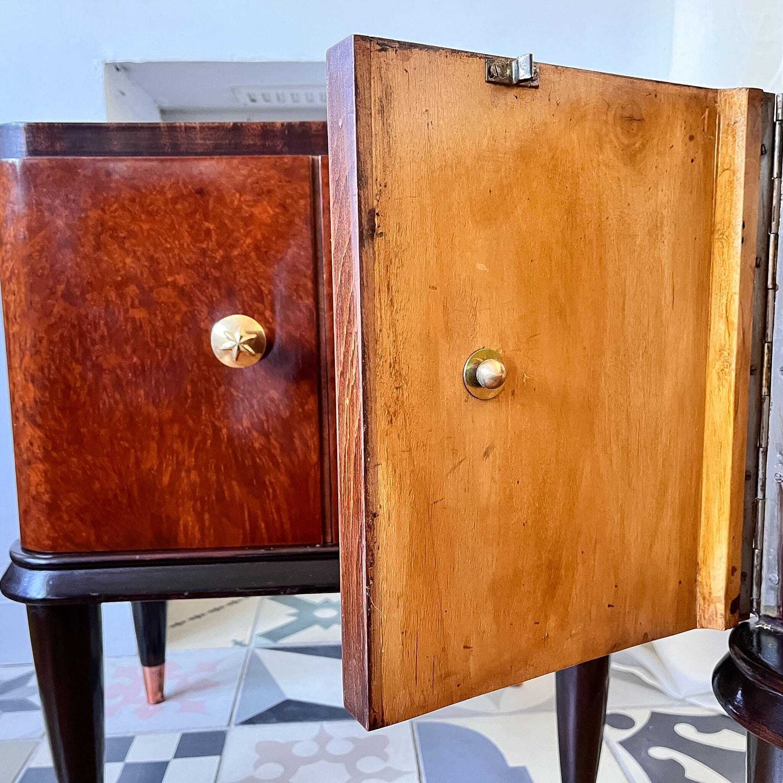 Pair Of Italian Mid Century Burl Mahogany Bedside Cabinets photo buy