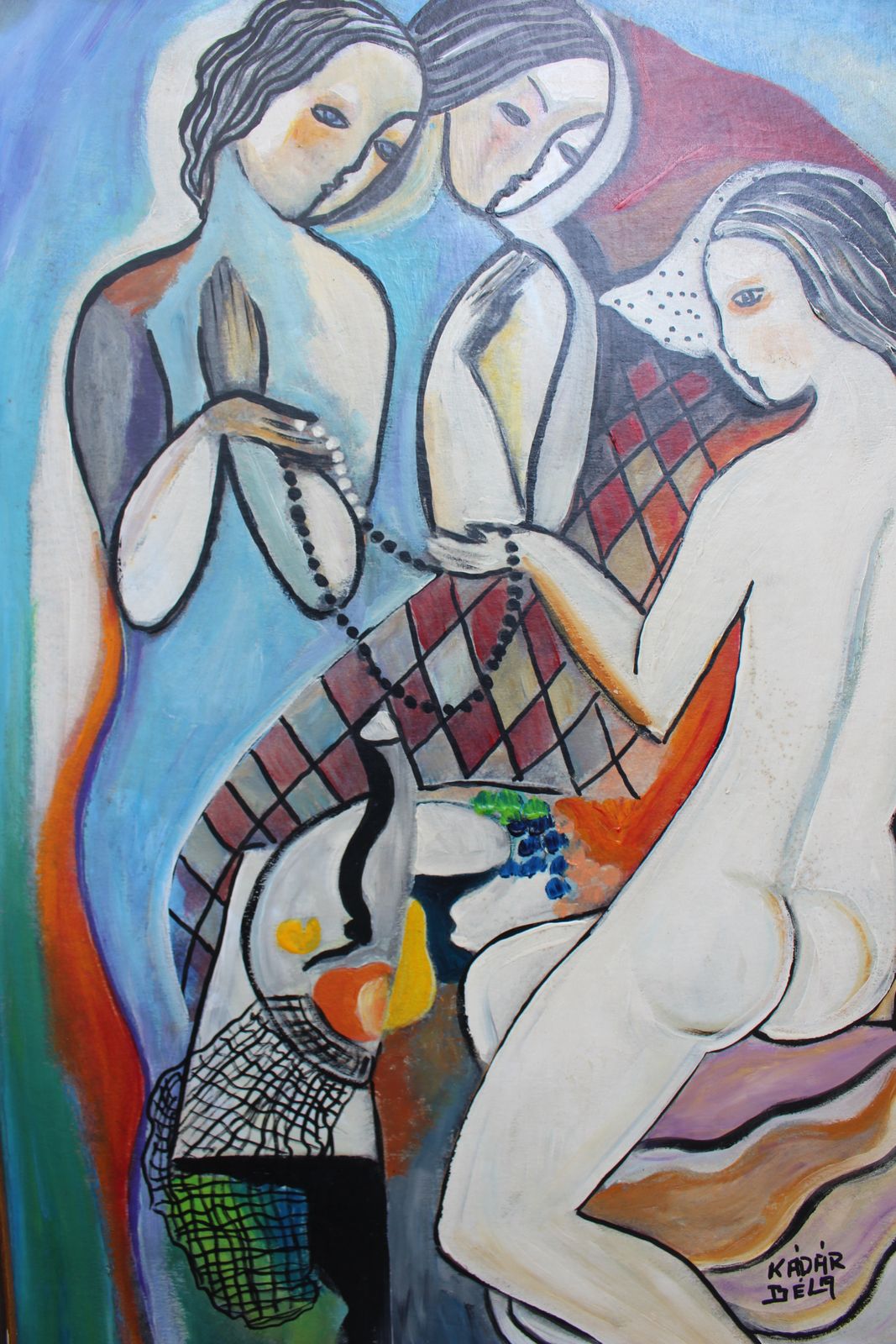 Modernistisch Hongaars schilderij – Drie Gratiën, homage aan Béla Kádár (ingelijst) photo vinterior