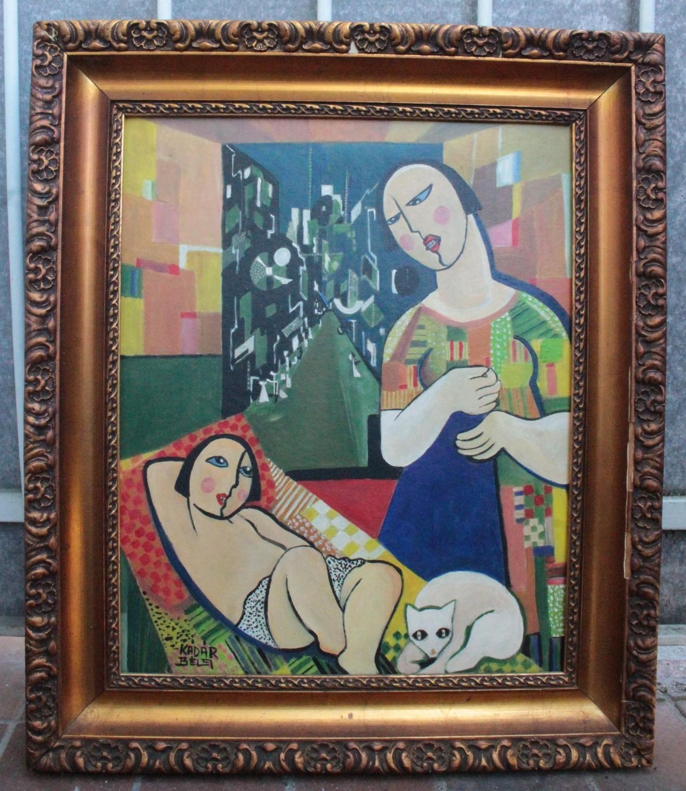 1960s Béla Kádár (toegeschreven aan) — Modernistische figuratieve compositie met liggende naakte figuur en kat photo for sale