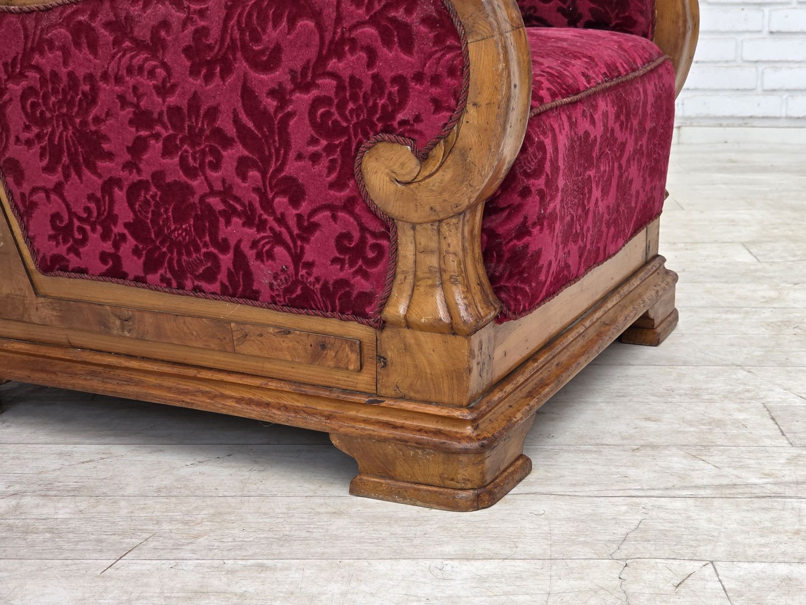 1950s, Danish Relax Armchair, Red Furniture Velour, Oak Wood. photo Furniture