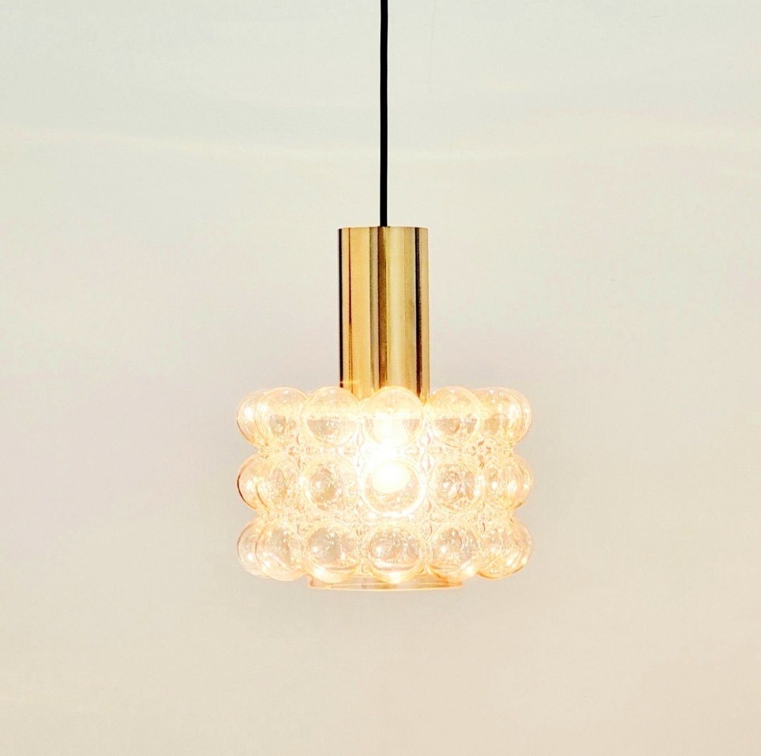 Mid-Century Space Age Amber Bubbelglas & Messing Hanglamp van Helena Tynell voor Limburg, Duitsland, jaren 1960/1970 photo Verlichting