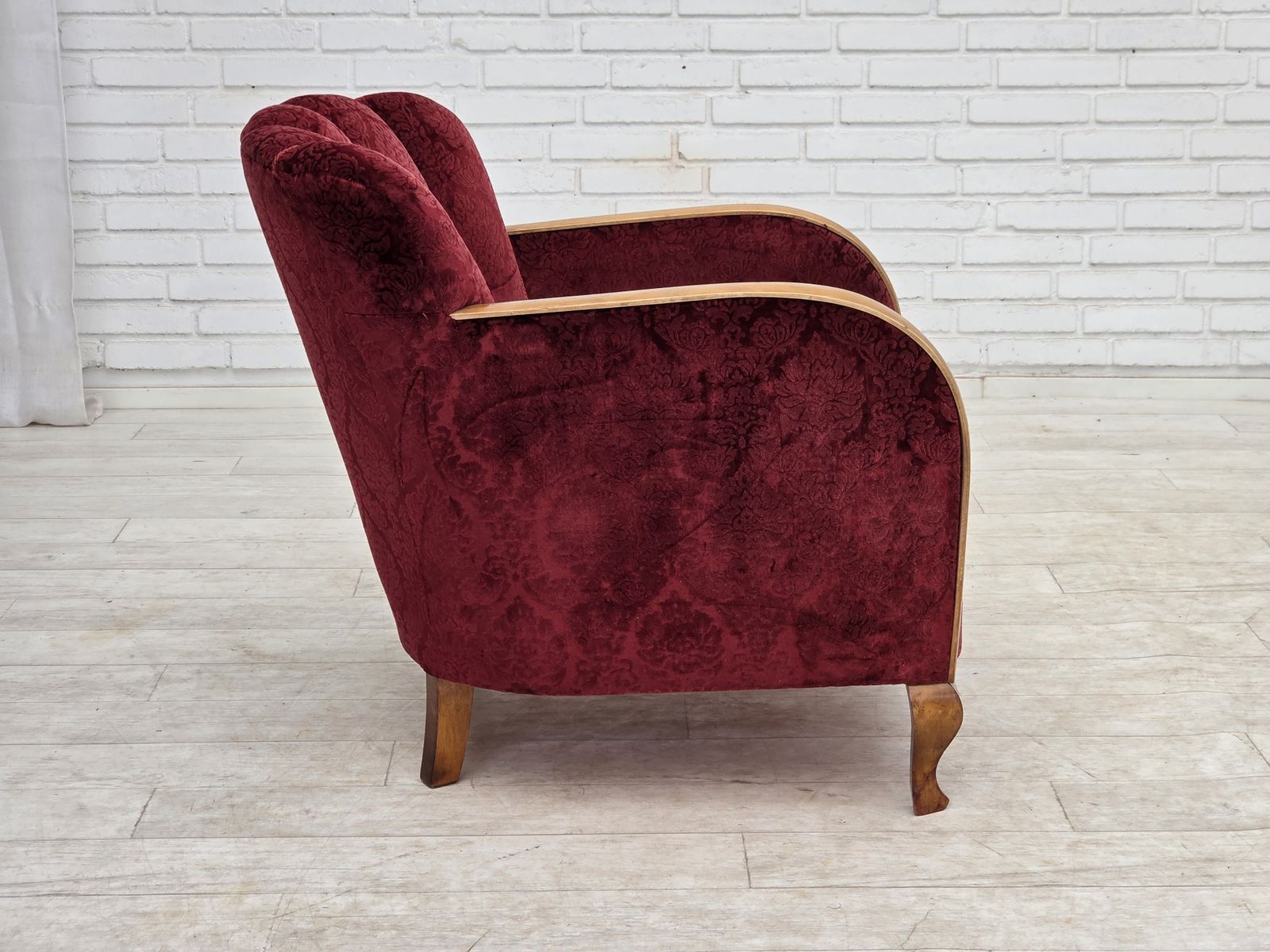 995.0 1960s, Danish Armchair, Cherry Red Furniture Velour. photo