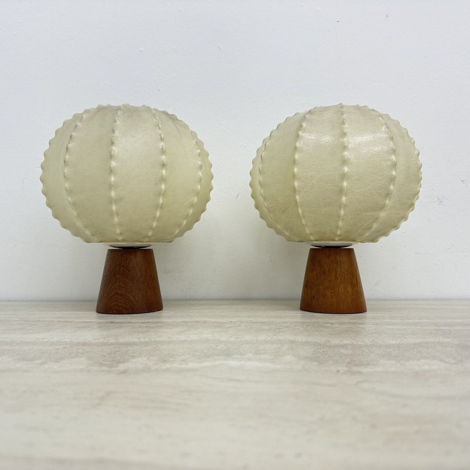 Pair Of Goldkant Leuchten Cocoon With Teak Base Table Lamps , 1970s photo vintage