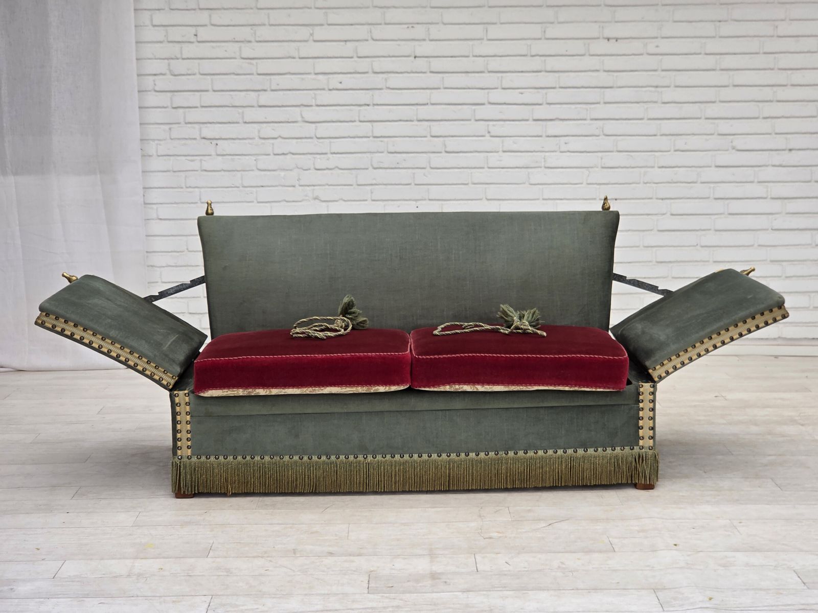1970s, Danish 2 Seater Drop Arm "Spanish" Sofa, Green And Red Velour. photo vintage