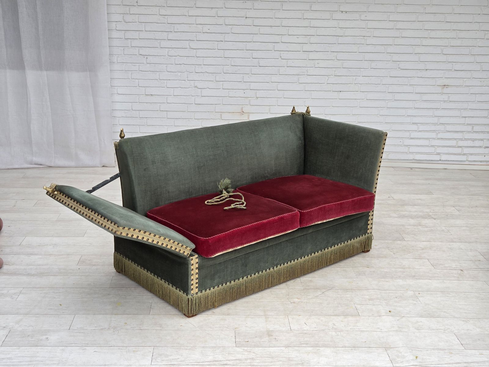 Furniture 1970s, Danish 2 Seater Drop Arm "Spanish" Sofa, Green And Red Velour. photo