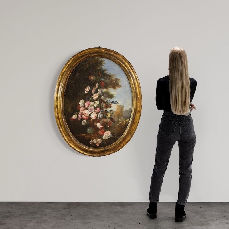 Tableau de nature morte ovale d'époque, Italie, XVIIIe siècle photo Art