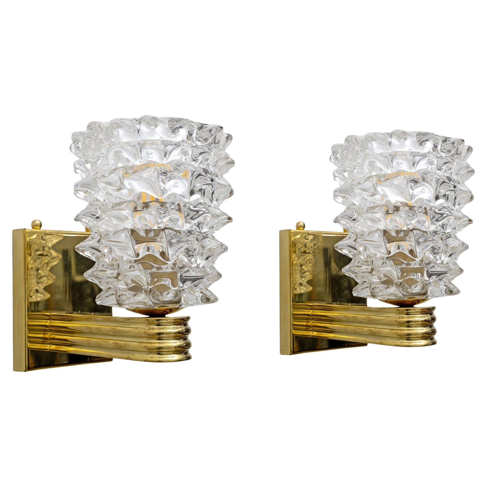 Barovier & Toso Art Deco stijl messing en Rostrato Murano glas wandlampen, paar