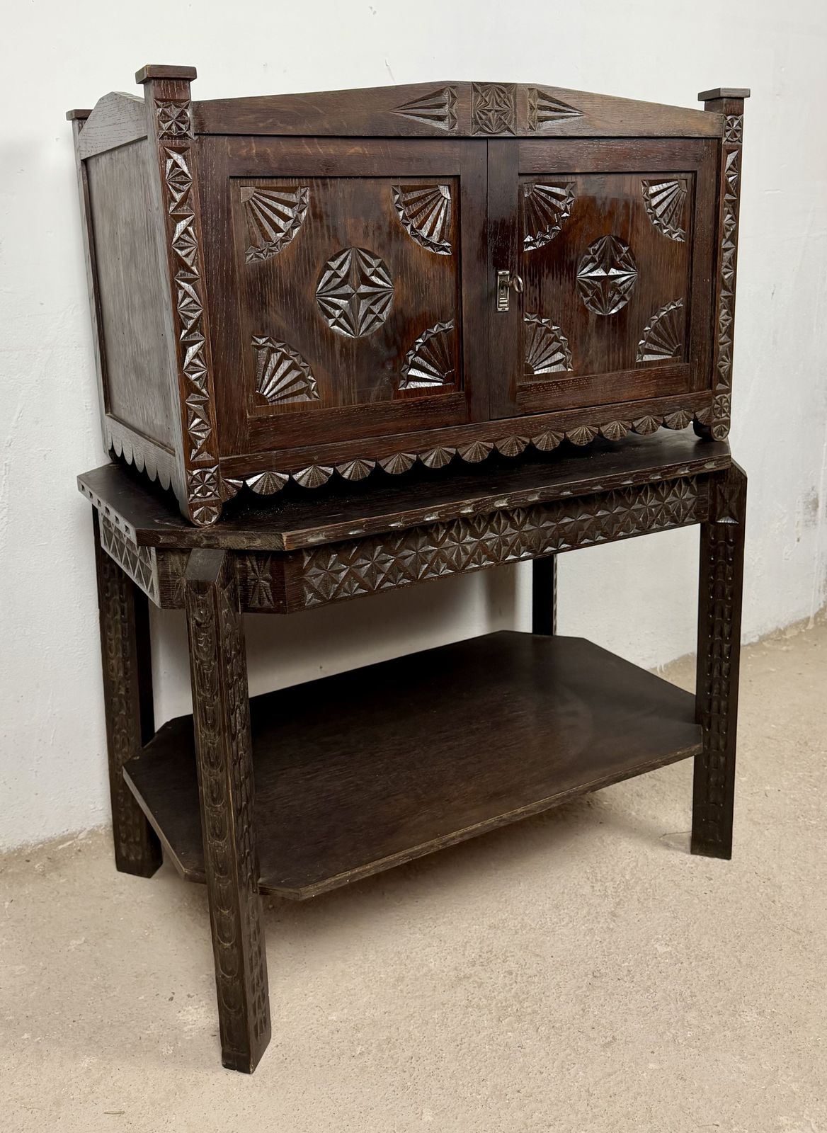 Spanish Carved Oak Bargueño On Stand, 20th Century photo 2800.0
