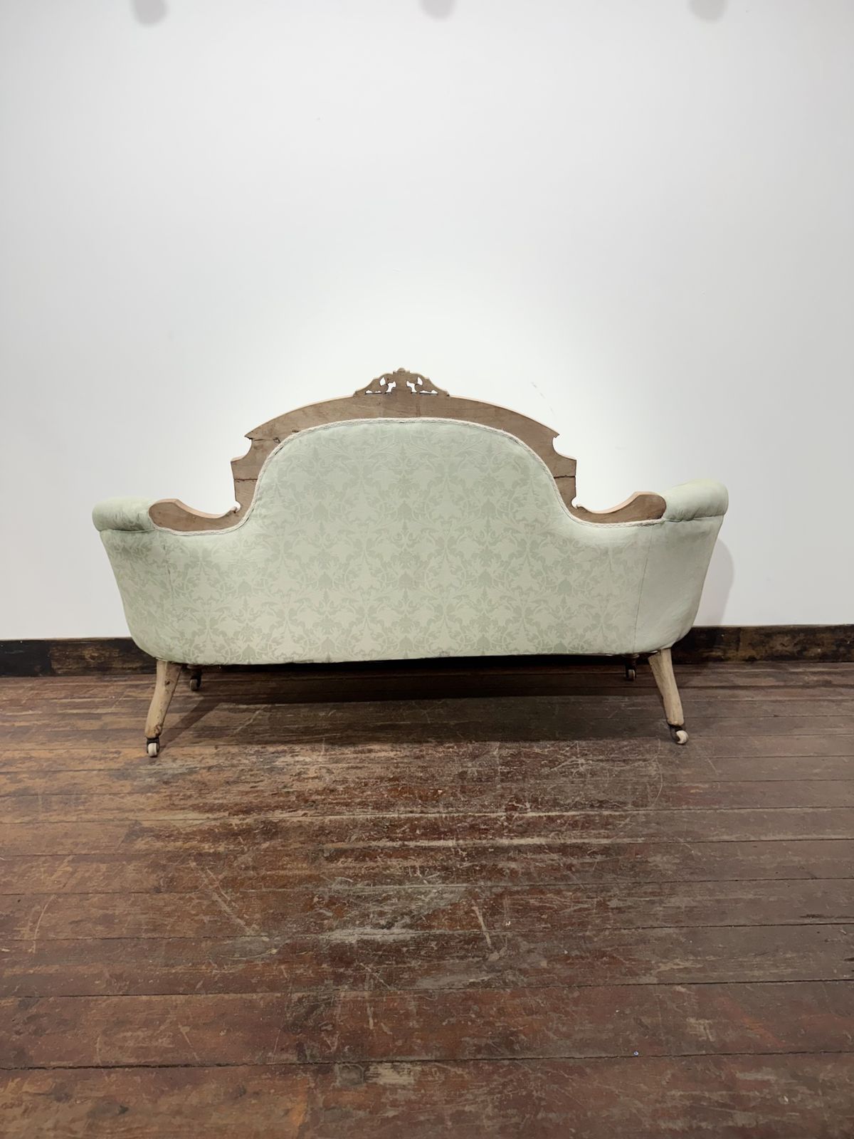 photo buy Victorian Style Carved Walnut Two Seater Sofa Sage Green Upholstery