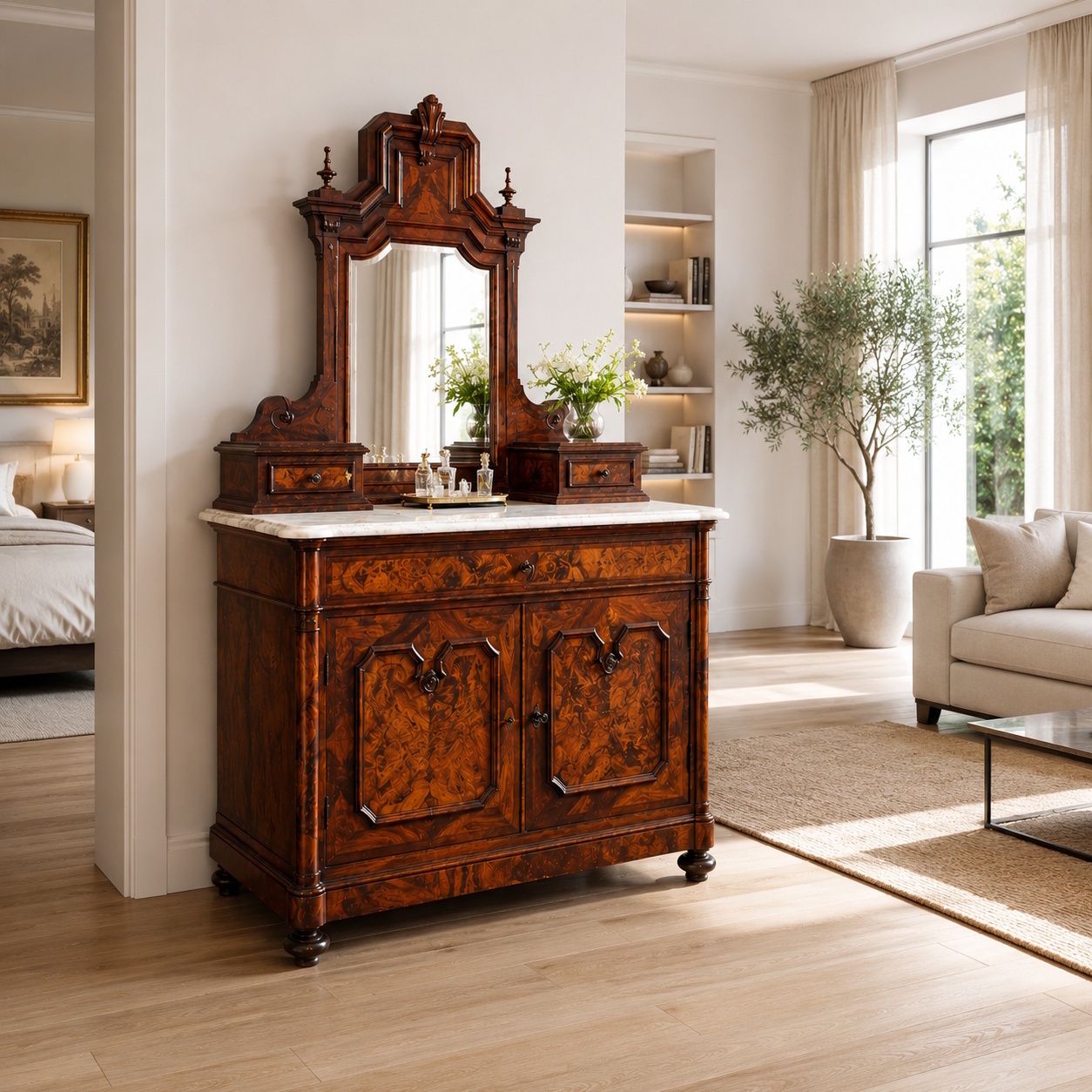 Italiaanse Late Umbertino walnoten toilettkast, door Cucchi & Sola, Turijn, ca. 1880 photo furniture