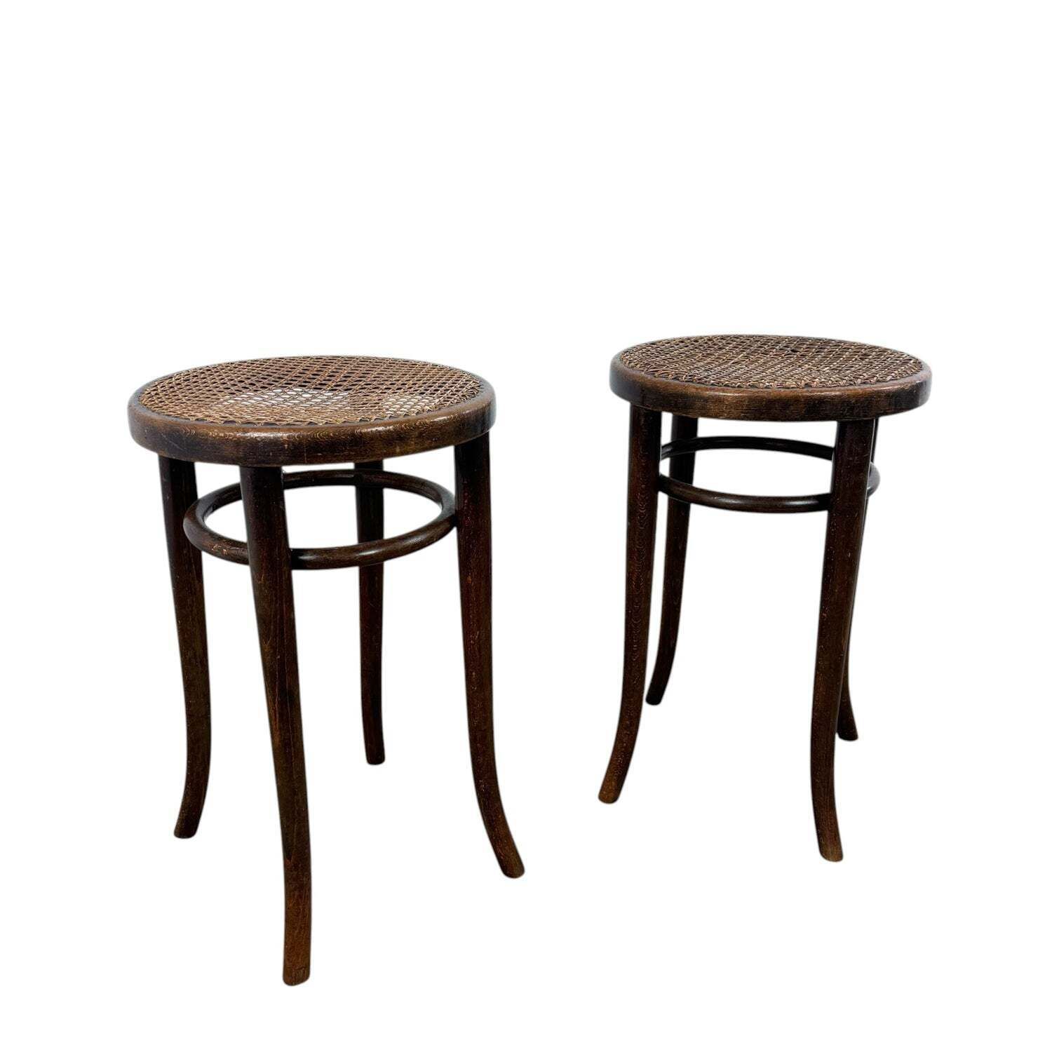 Set Of 2 Antique Thonet Bentwood Stools With Cane Seats
