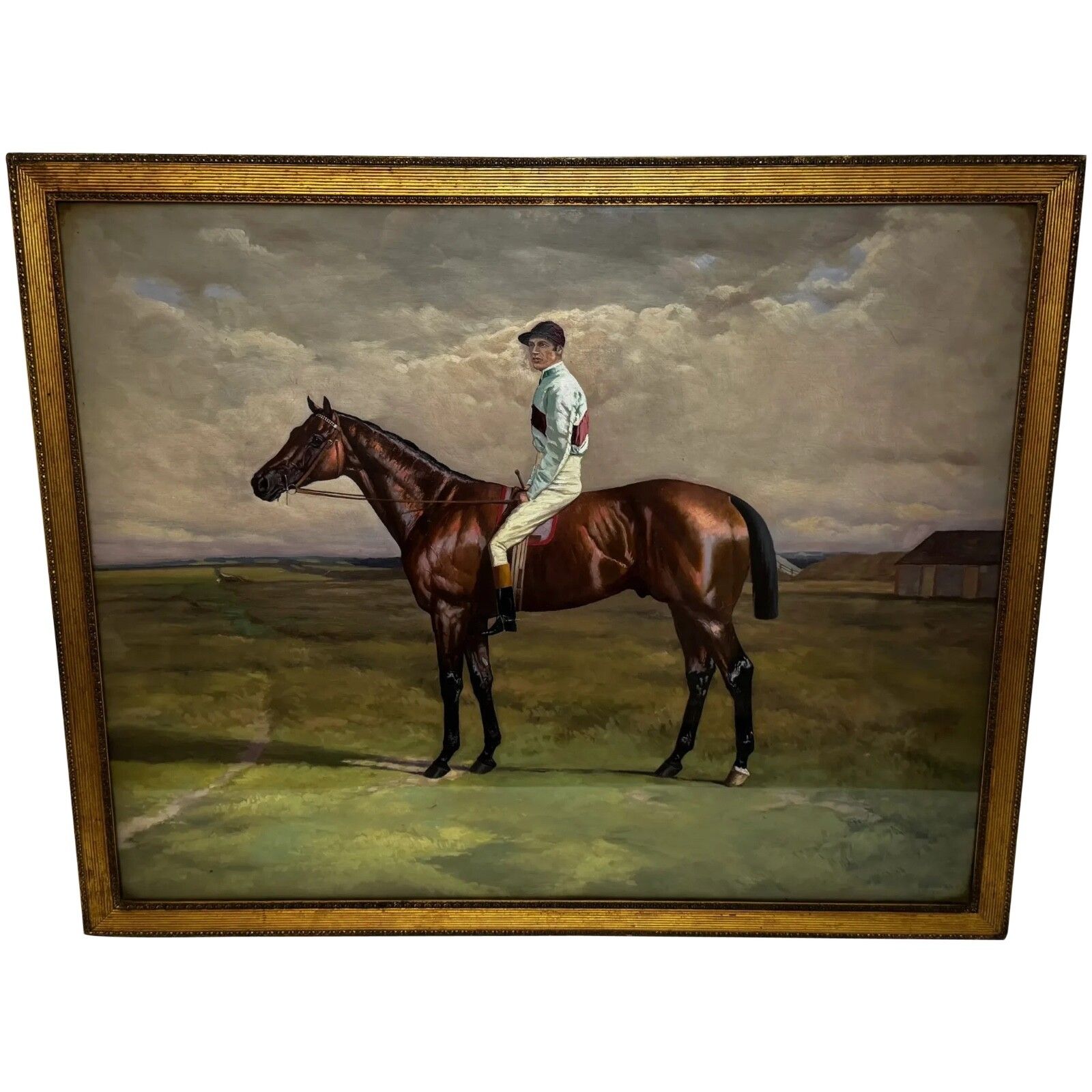 Large Equestrian 19th Century Oil Painting Derby Winner Horse Melton & Jockey Fred Archer Up C.1885