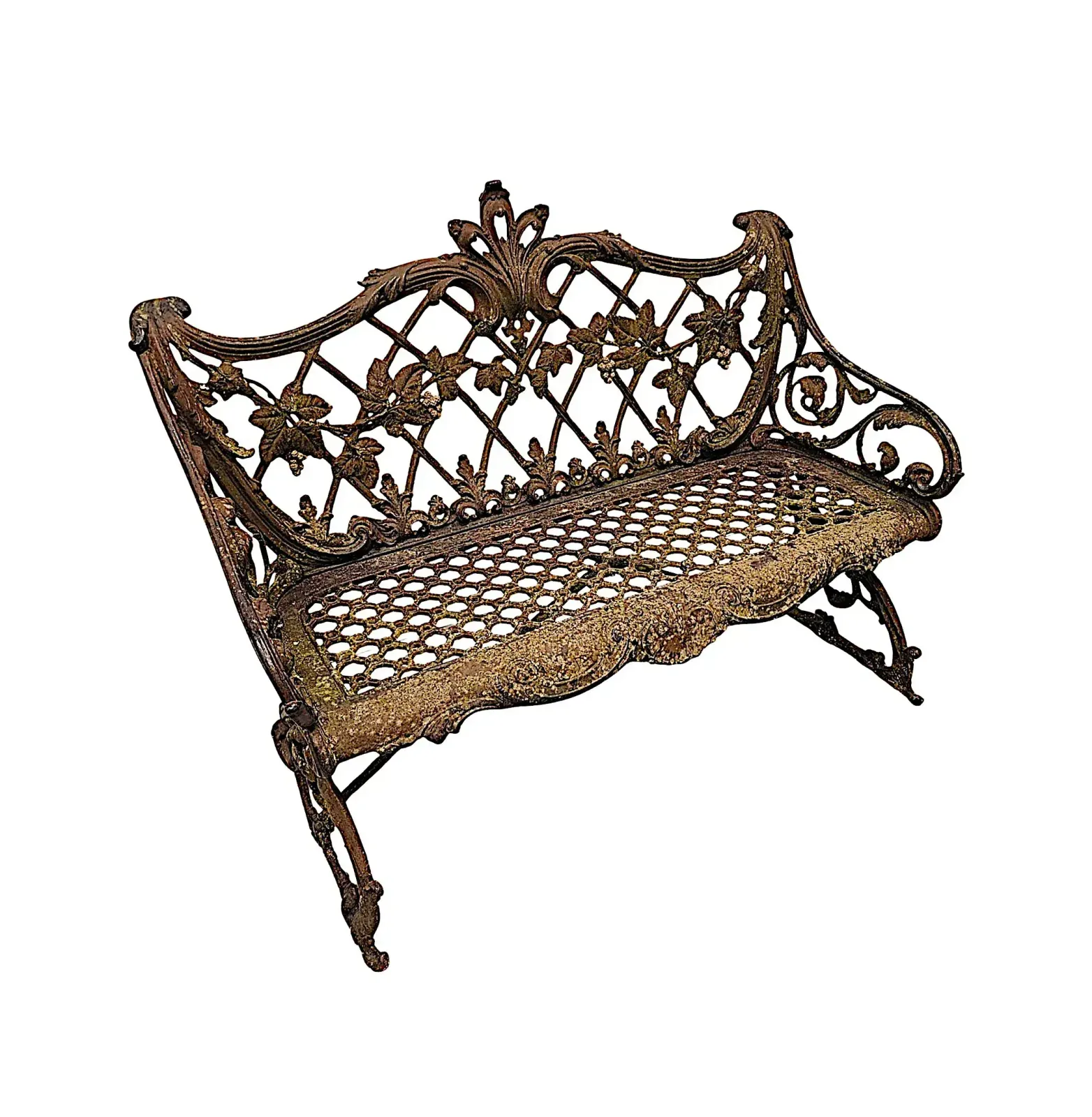 Zeer zeldzame 19e eeuwse gietijzeren tweepersoonsbank met druiven- en wijnrankmotief photo furniture