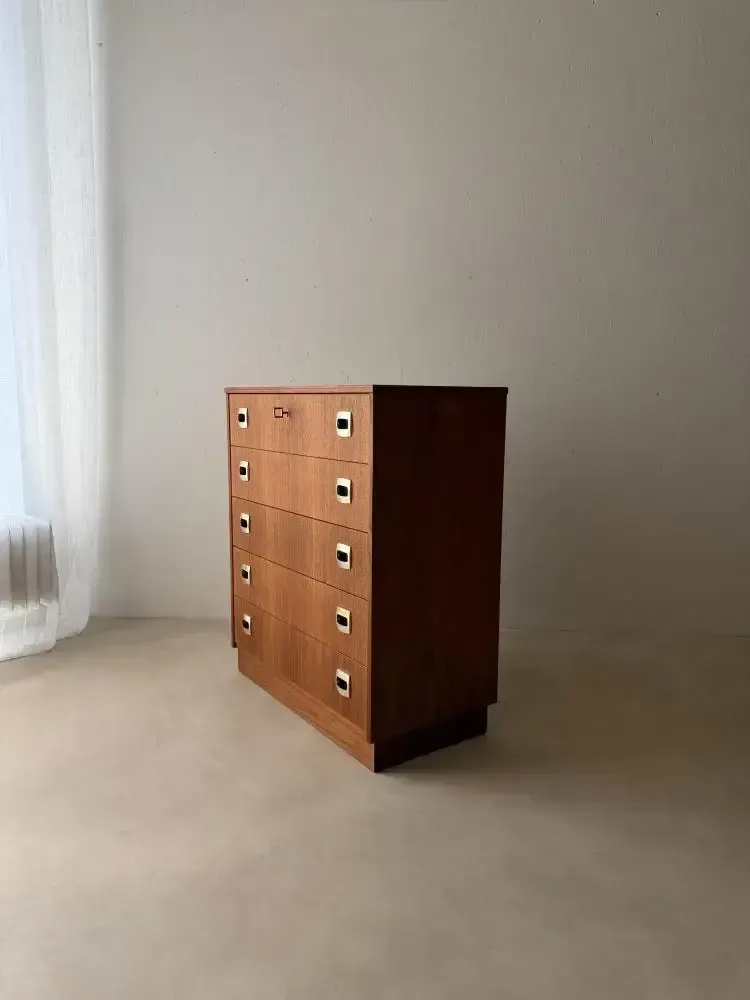 Swedish Mid Century Teak Chest Of Drawers, Five Drawers photo vintage