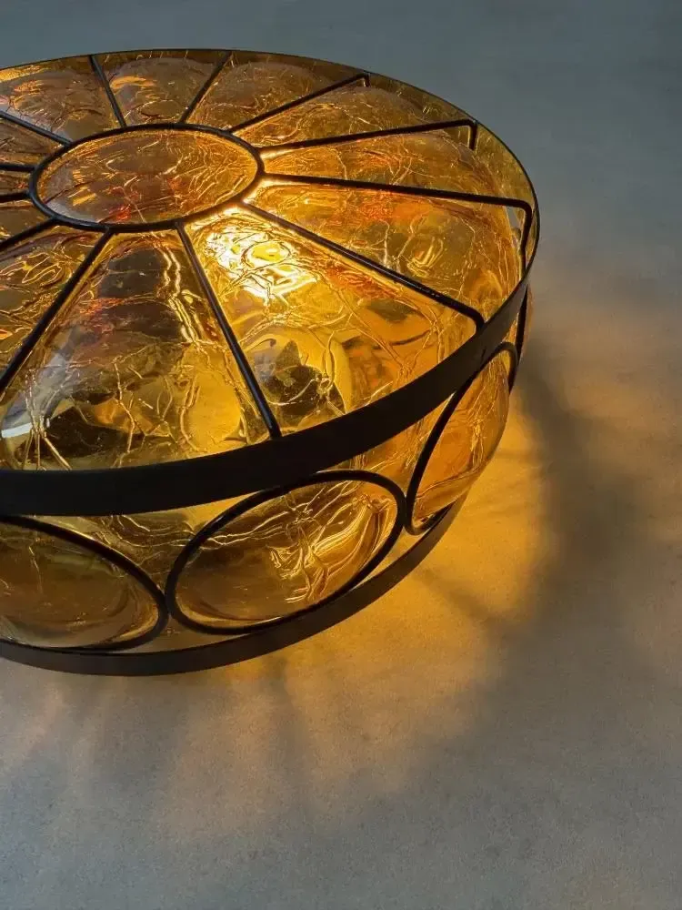 Vintage plafondlamp van barnsteen craquelé glas, ca. jaren 1970 photo for sale
